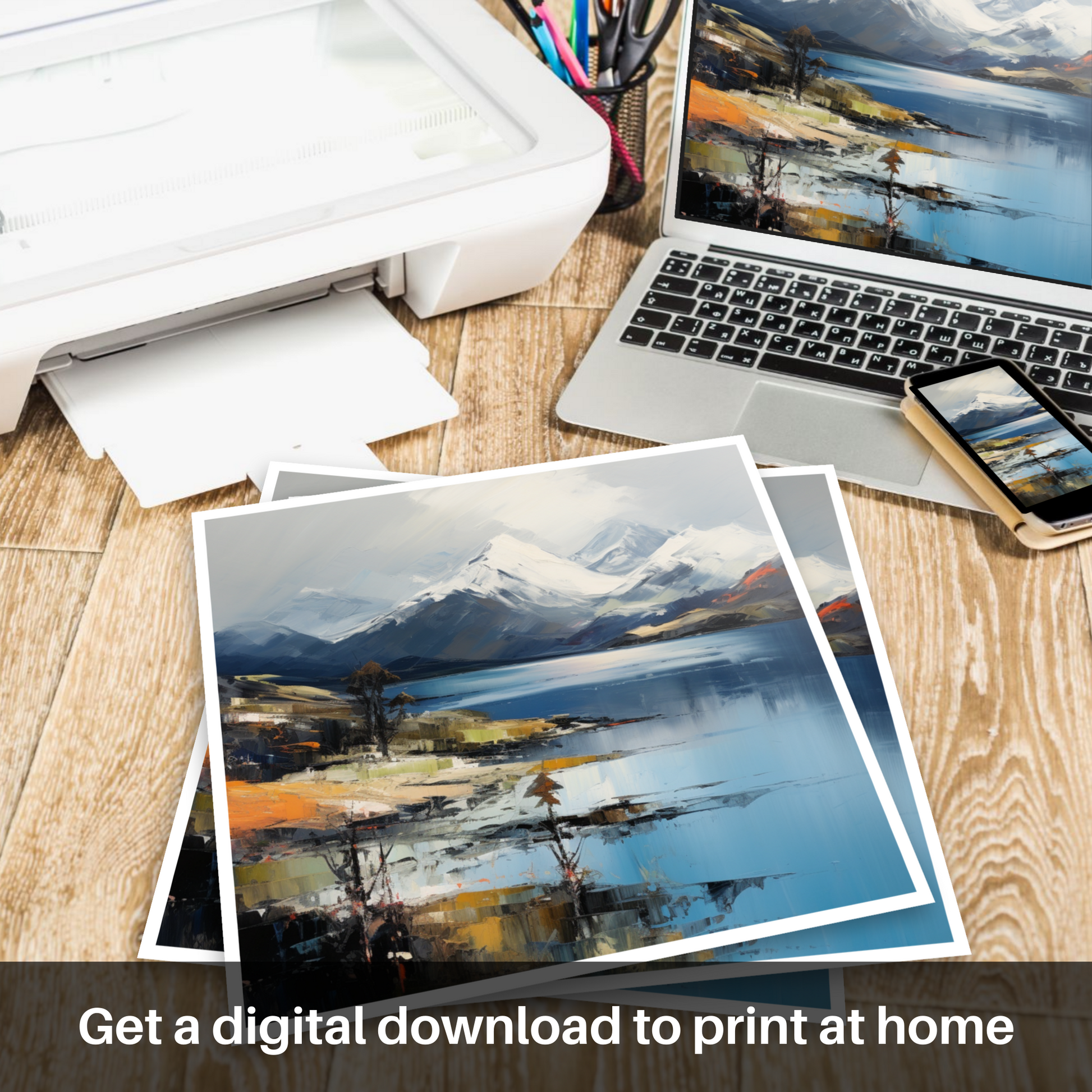 Downloadable and printable picture of Snow-capped peaks overlooking Loch Lomond