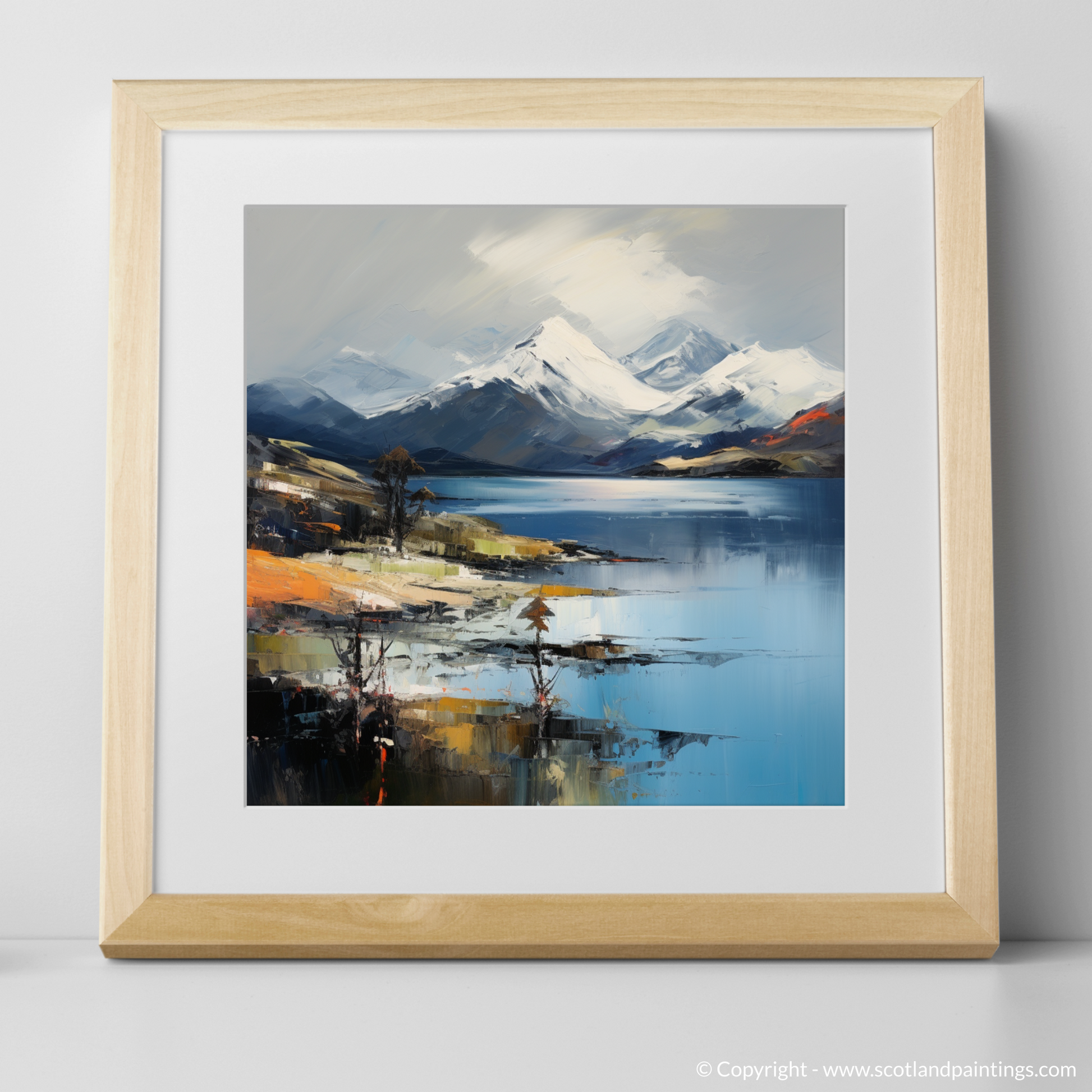 Art Print of Snow-capped peaks overlooking Loch Lomond with a natural frame