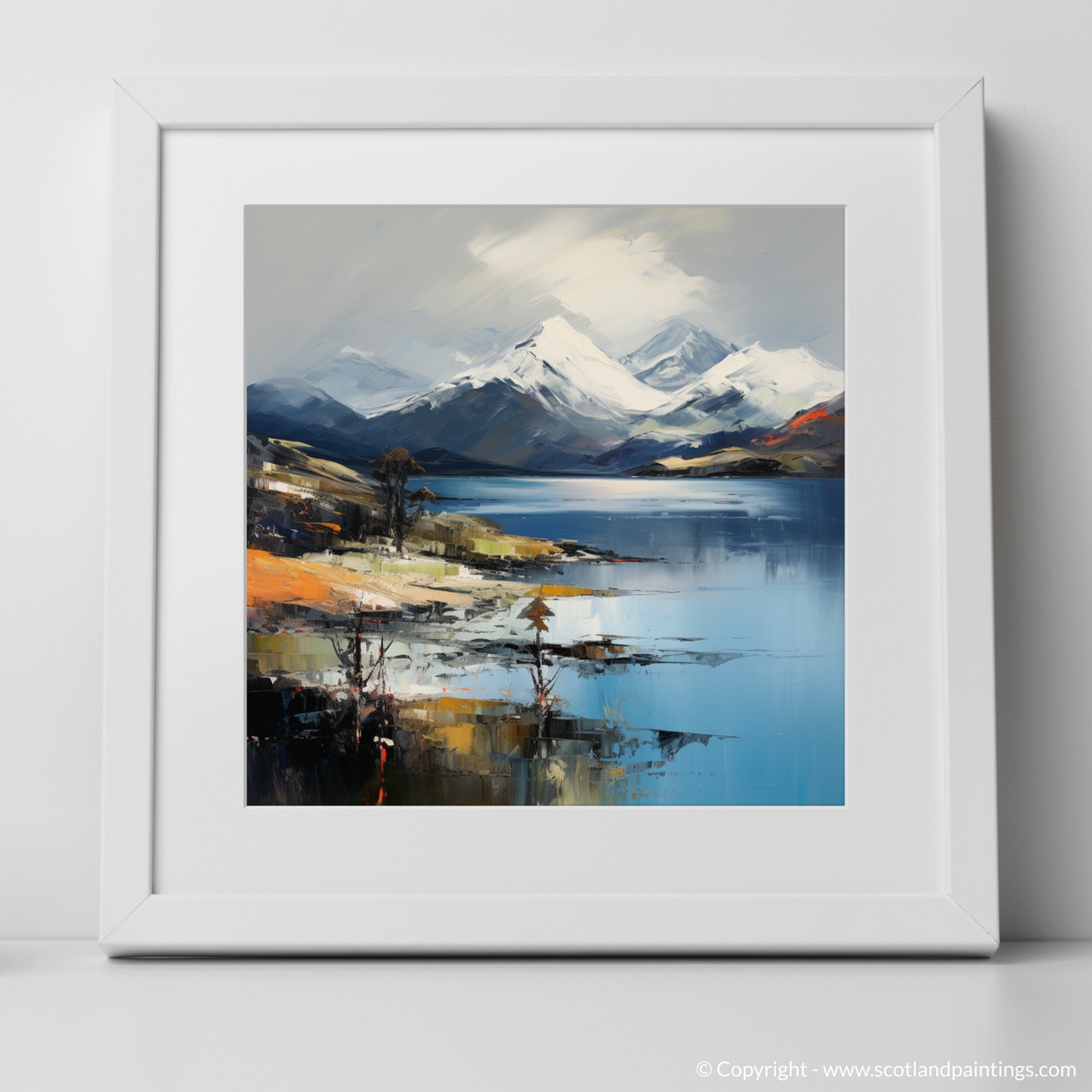 Art Print of Snow-capped peaks overlooking Loch Lomond with a white frame