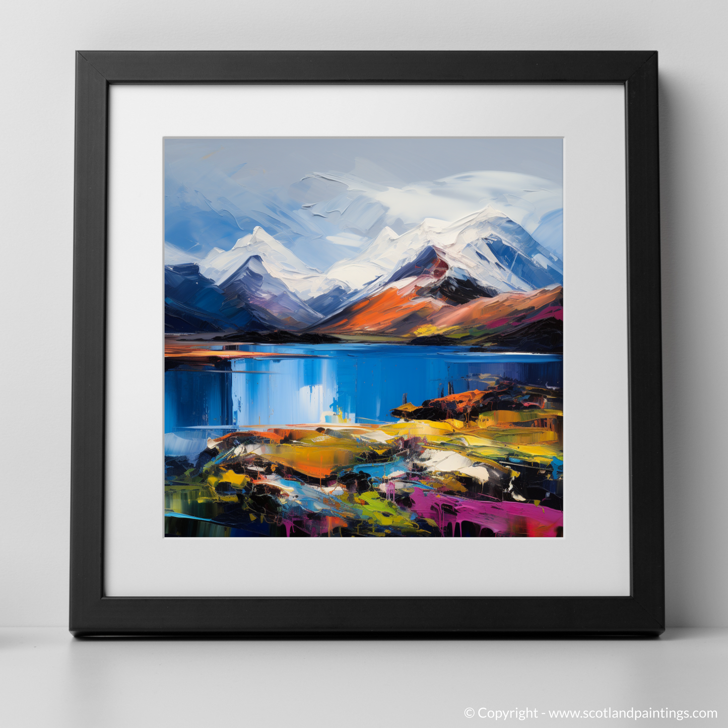 Art Print of Snow-capped peaks overlooking Loch Lomond with a black frame