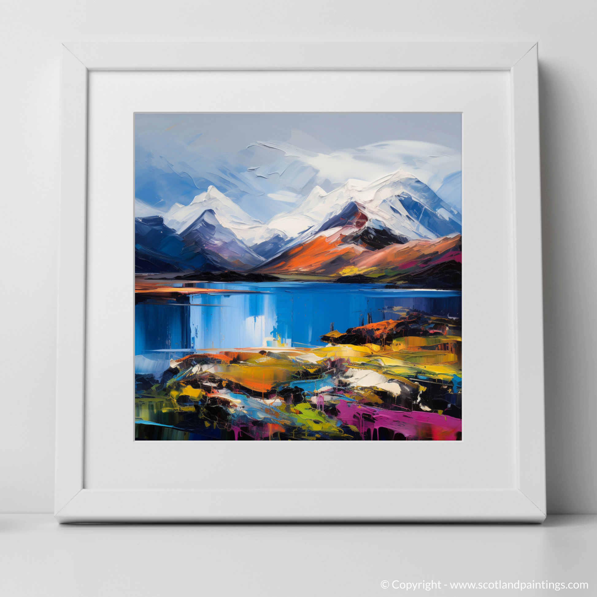 Art Print of Snow-capped peaks overlooking Loch Lomond with a white frame