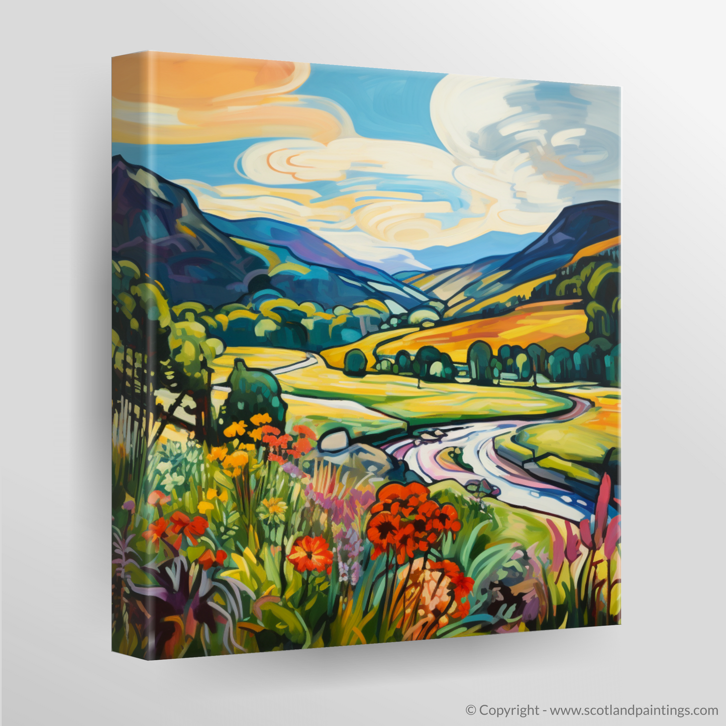 Painting and Art Print of Glen Feshie, Highlands in summer. Summer Blaze in Glen Feshie.