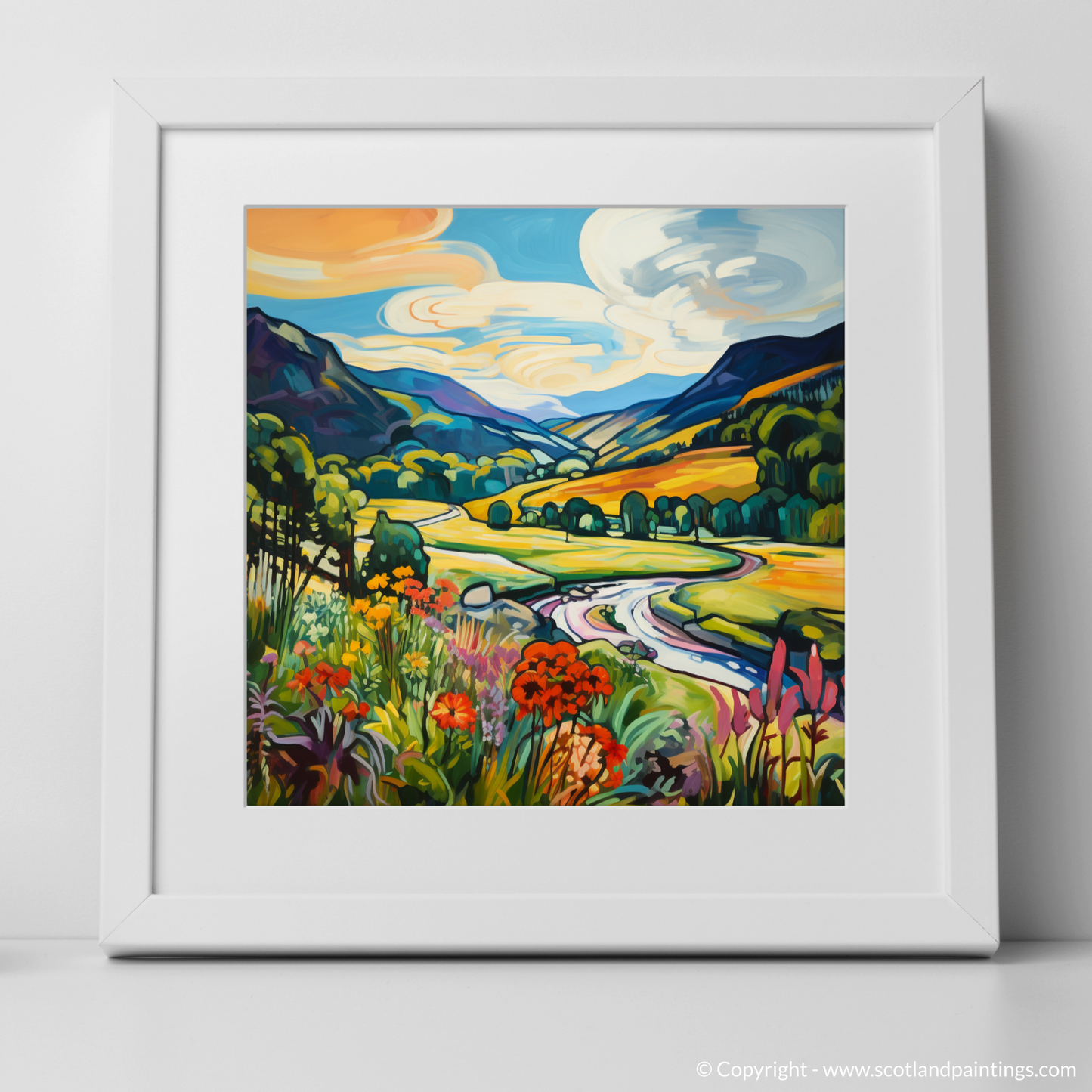 Painting and Art Print of Glen Feshie, Highlands in summer. Summer Blaze in Glen Feshie.