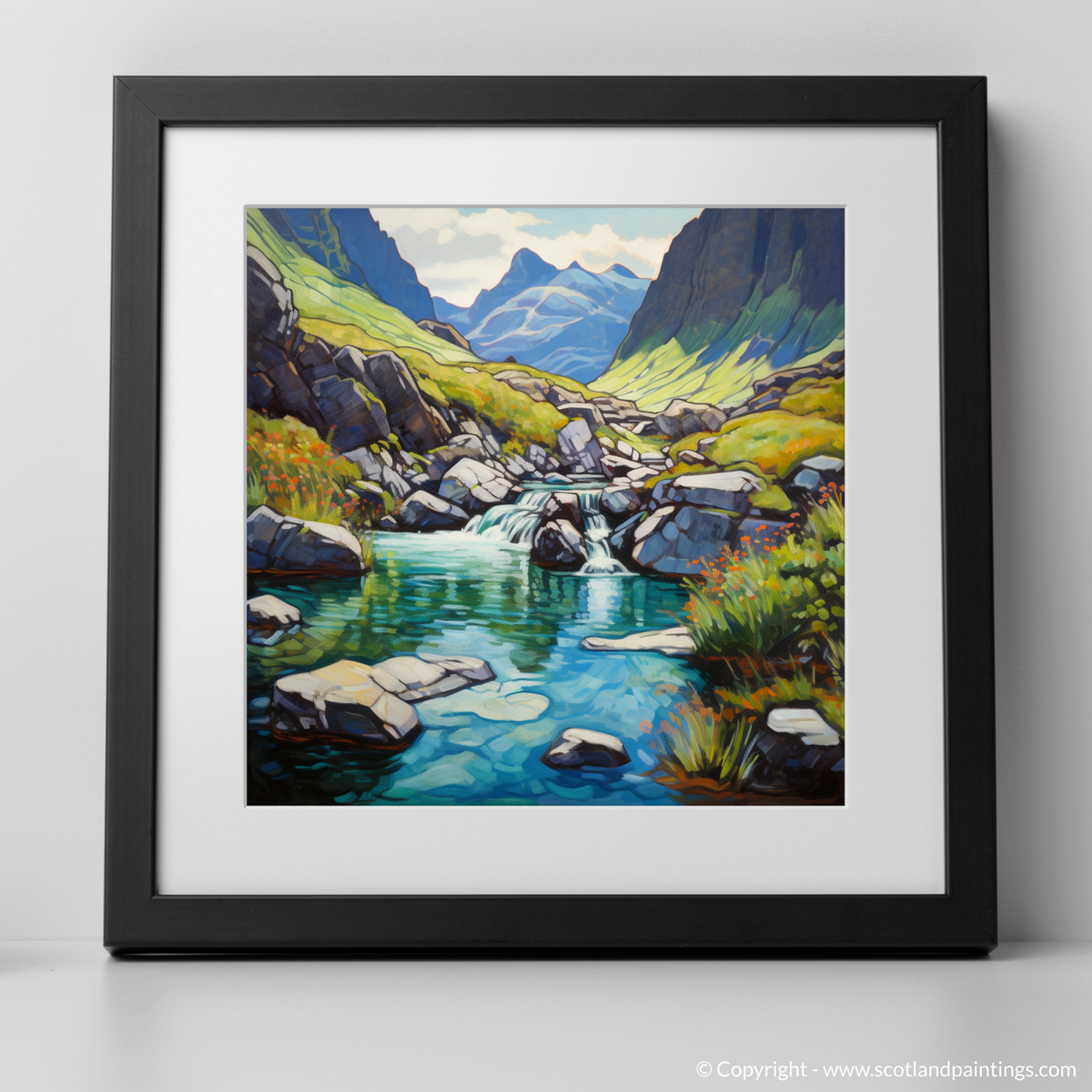 Art Print of The Fairy Pools, Isle of Skye in summer with a black frame