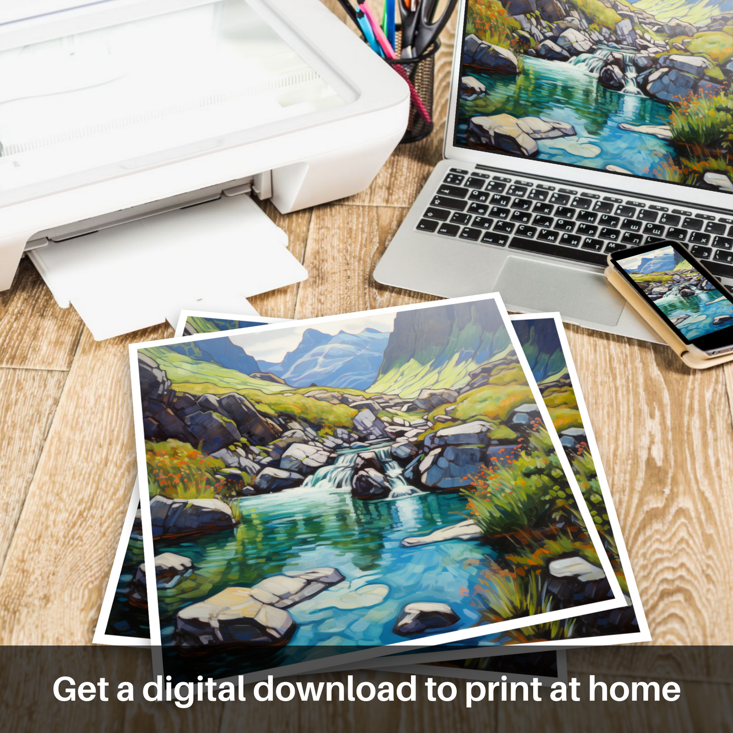 Downloadable and printable picture of The Fairy Pools, Isle of Skye in summer