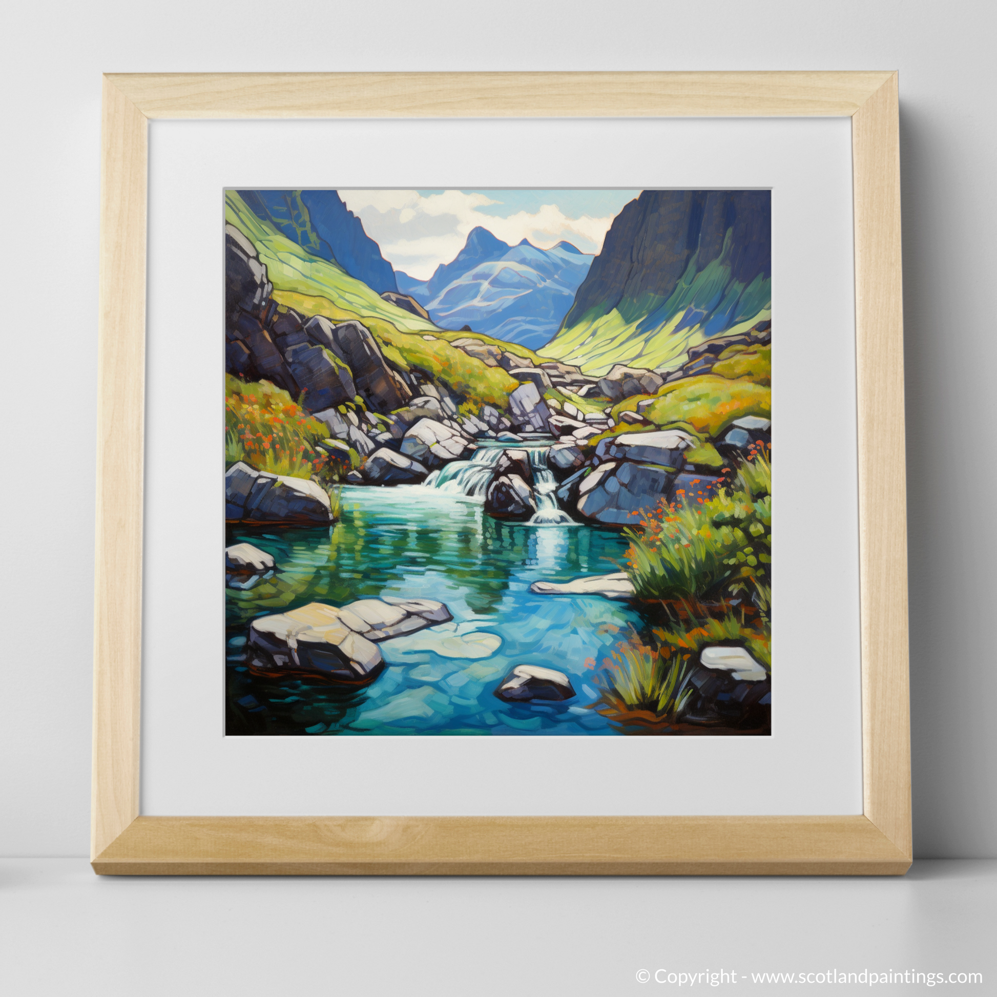 Art Print of The Fairy Pools, Isle of Skye in summer with a natural frame