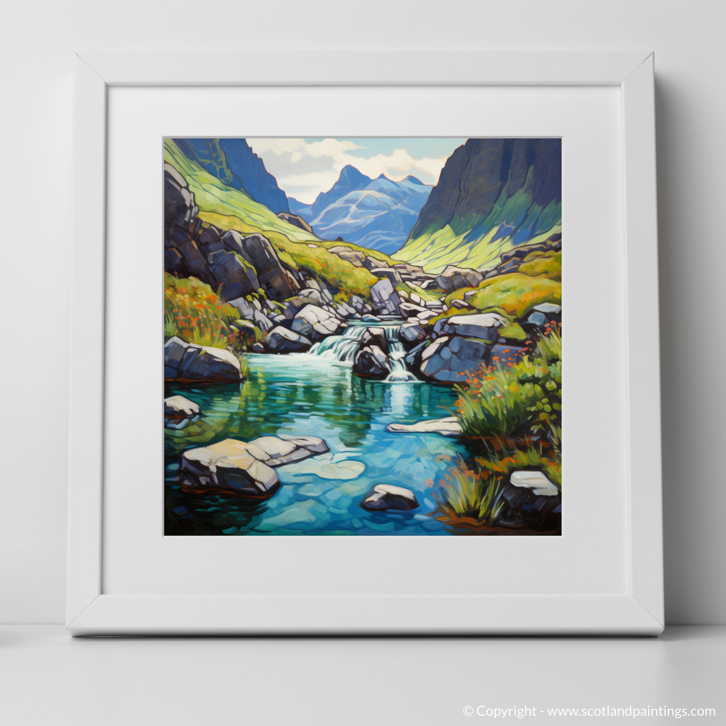 Art Print of The Fairy Pools, Isle of Skye in summer with a white frame