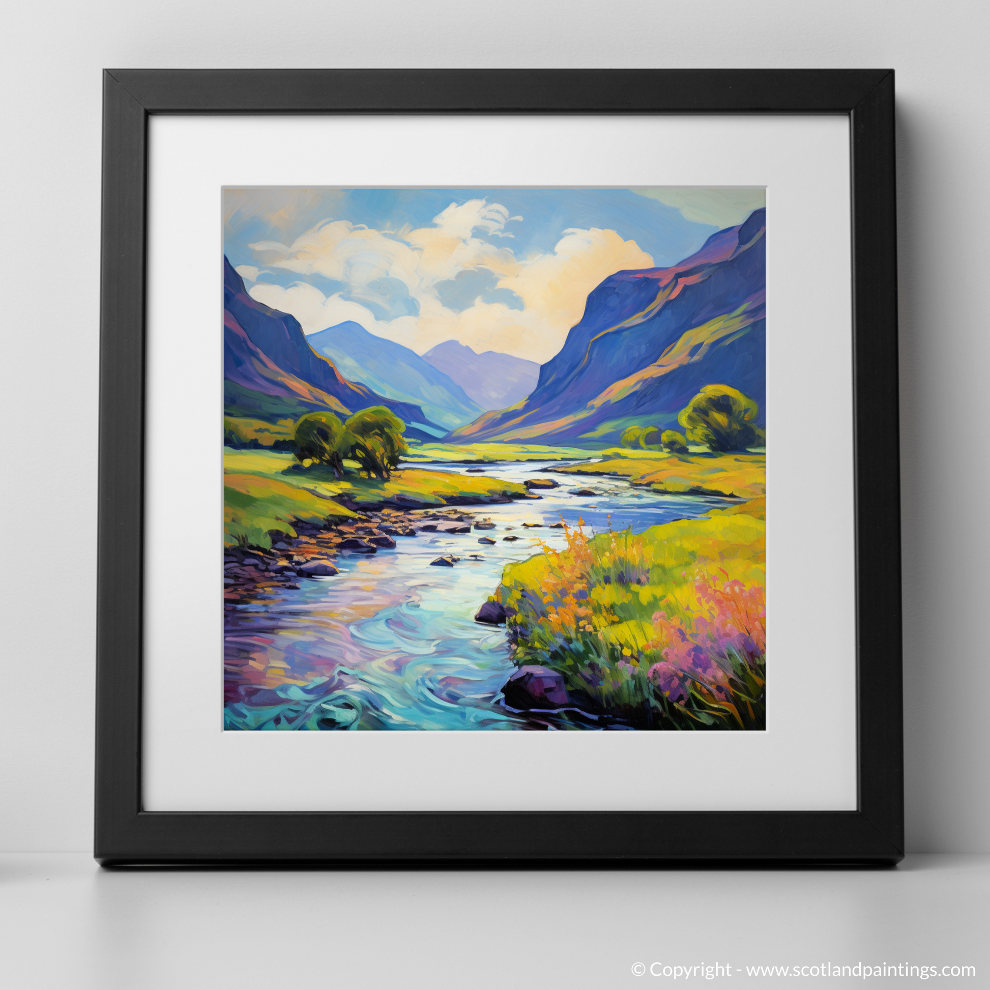 Art Print of River in Glencoe during summer with a black frame