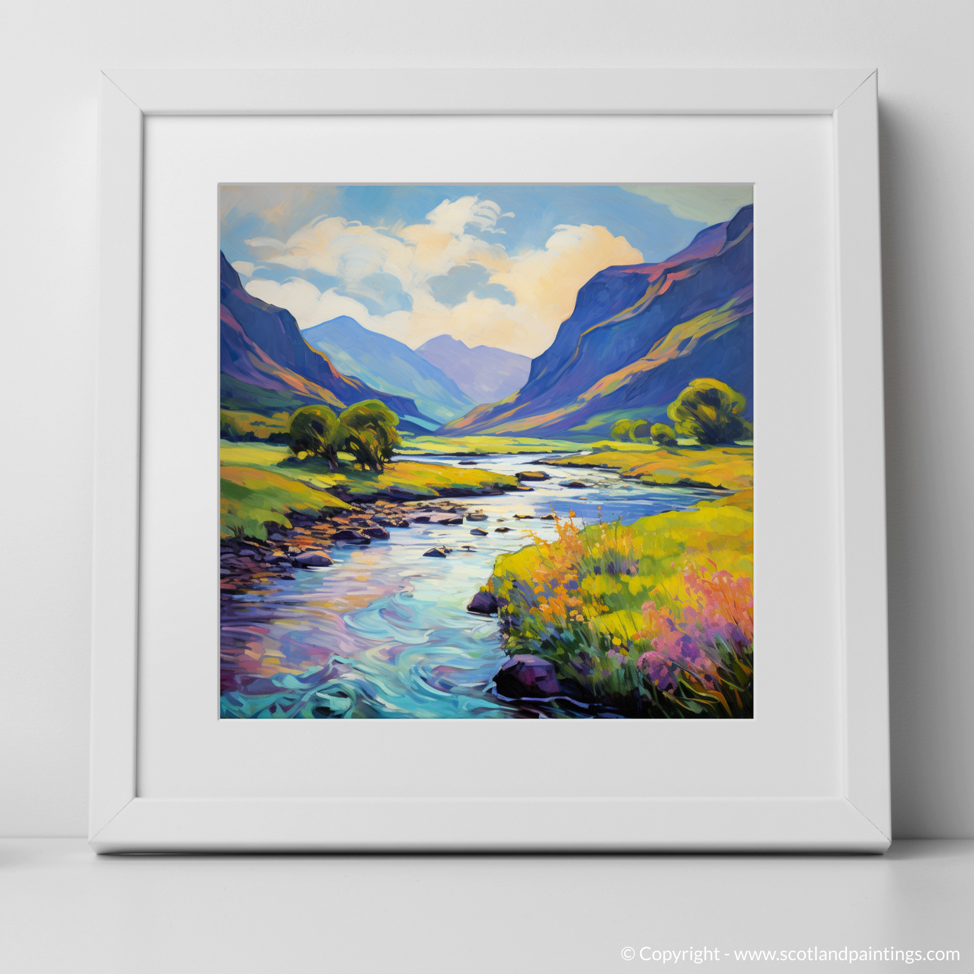 Art Print of River in Glencoe during summer with a white frame