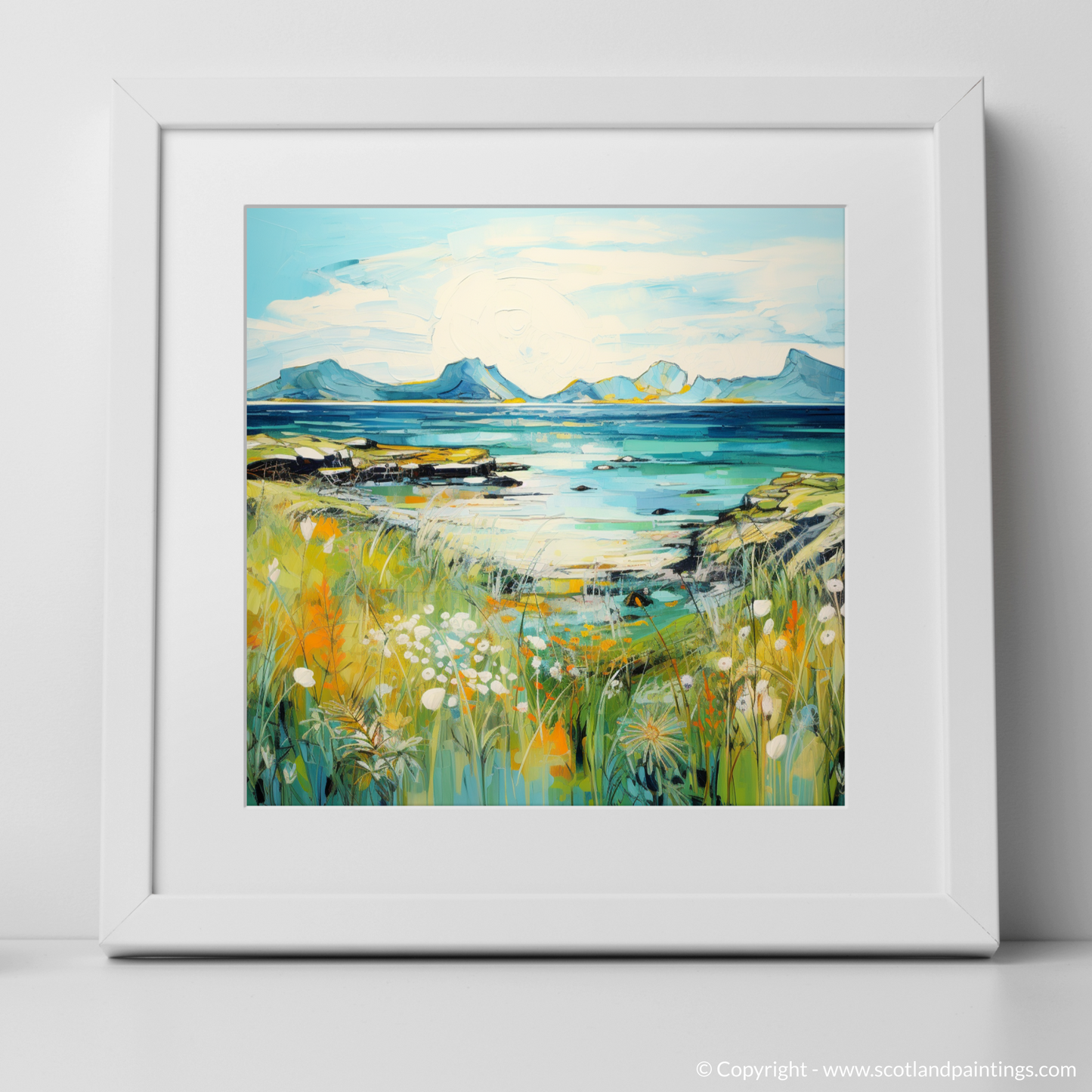 Art Print of Isle of Eigg, Inner Hebrides in summer with a white frame