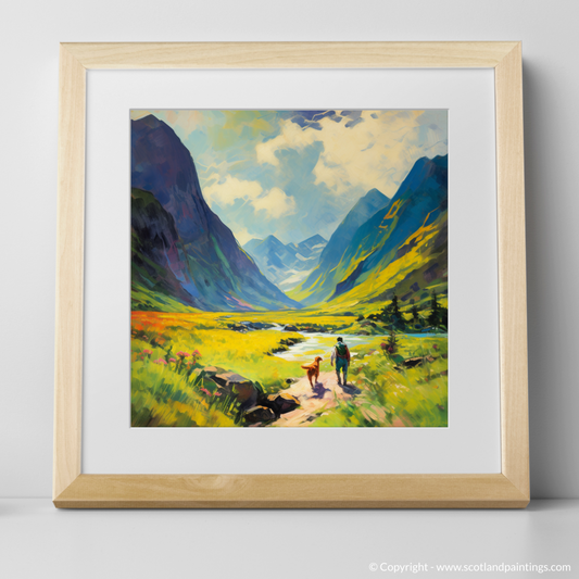 Painting and Art Print of Dog walker in Glencoe during summer. Summer Splendour in Glencoe with Man's Best Friend.