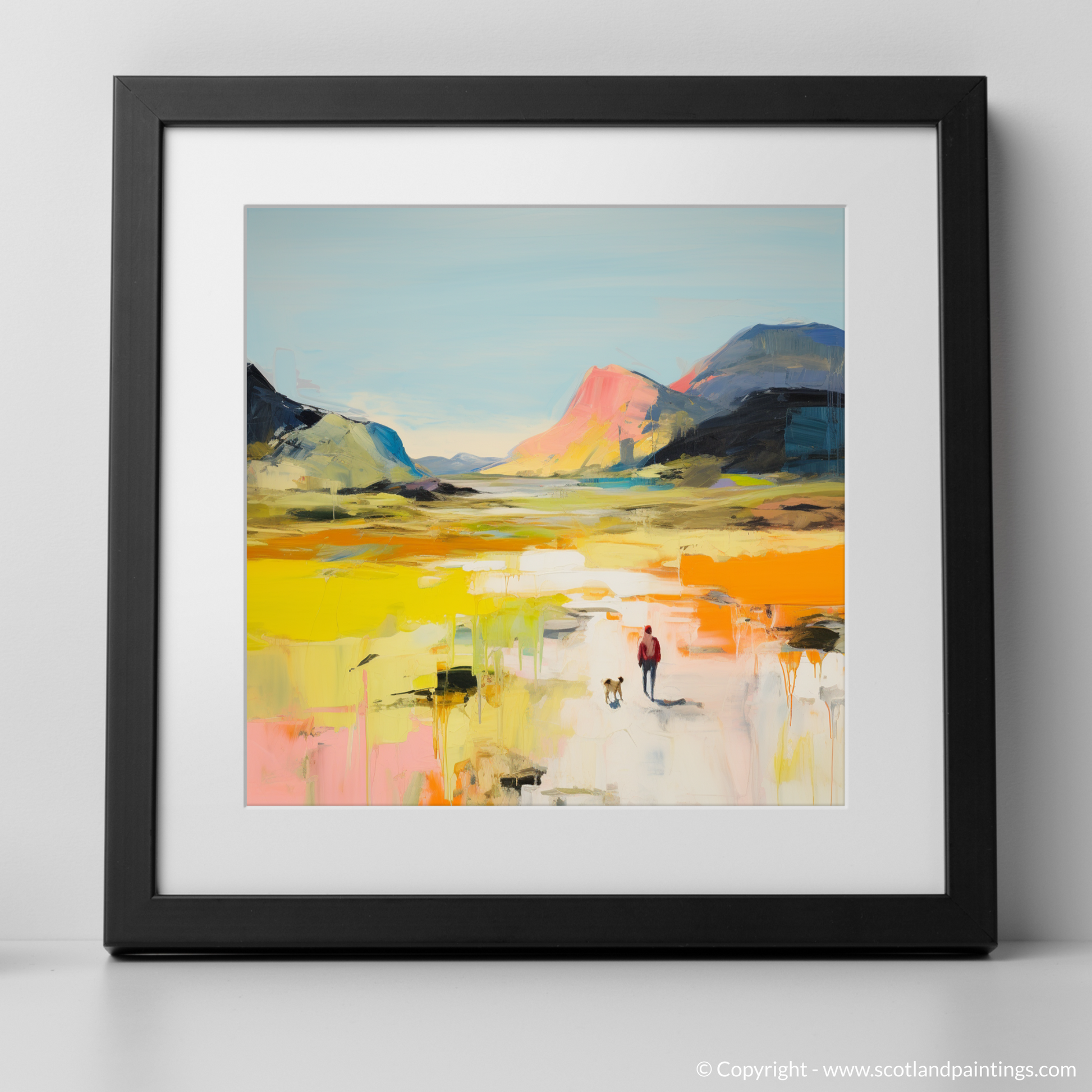 Art Print of Dog walker in Glencoe during summer with a black frame