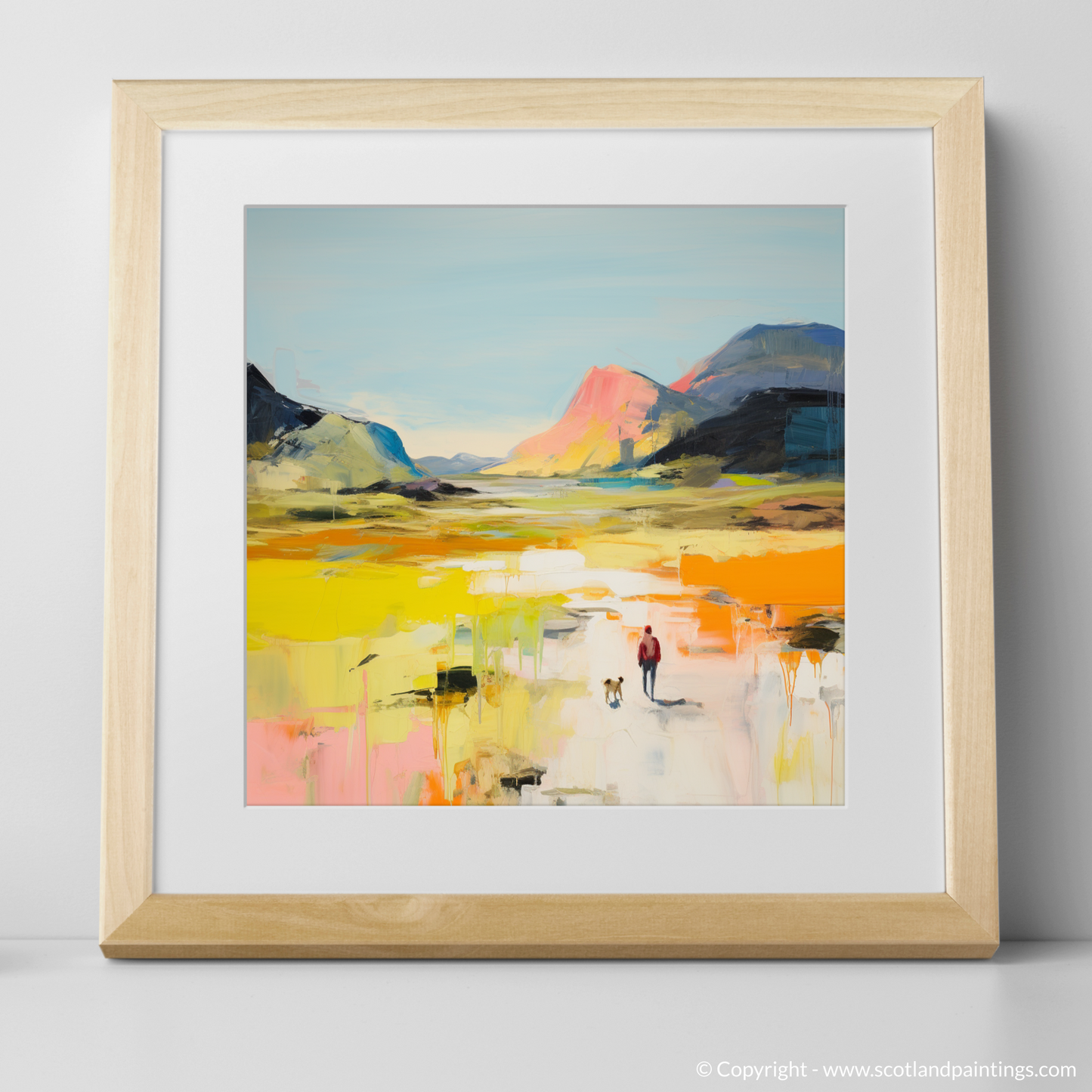 Art Print of Dog walker in Glencoe during summer with a natural frame