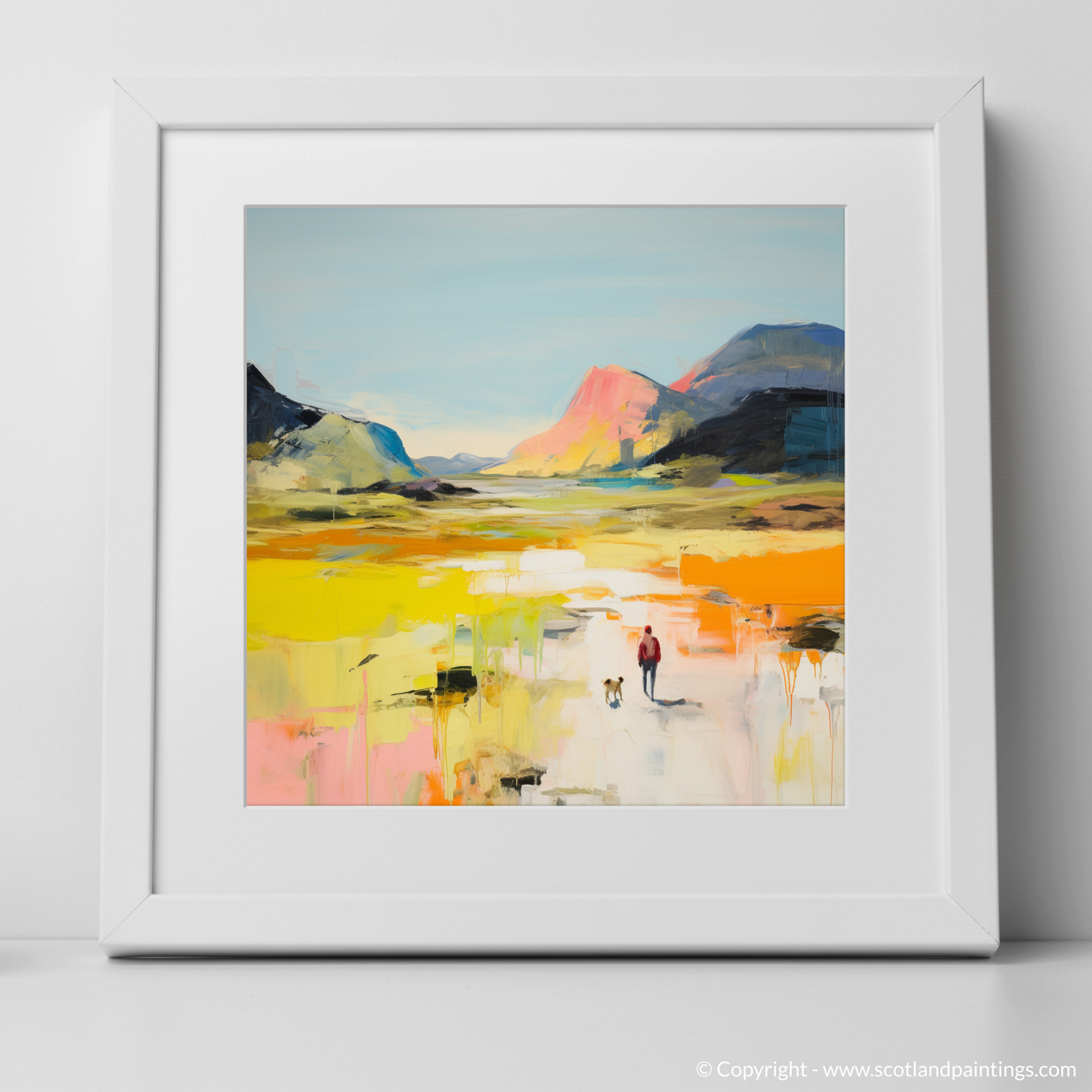 Art Print of Dog walker in Glencoe during summer with a white frame