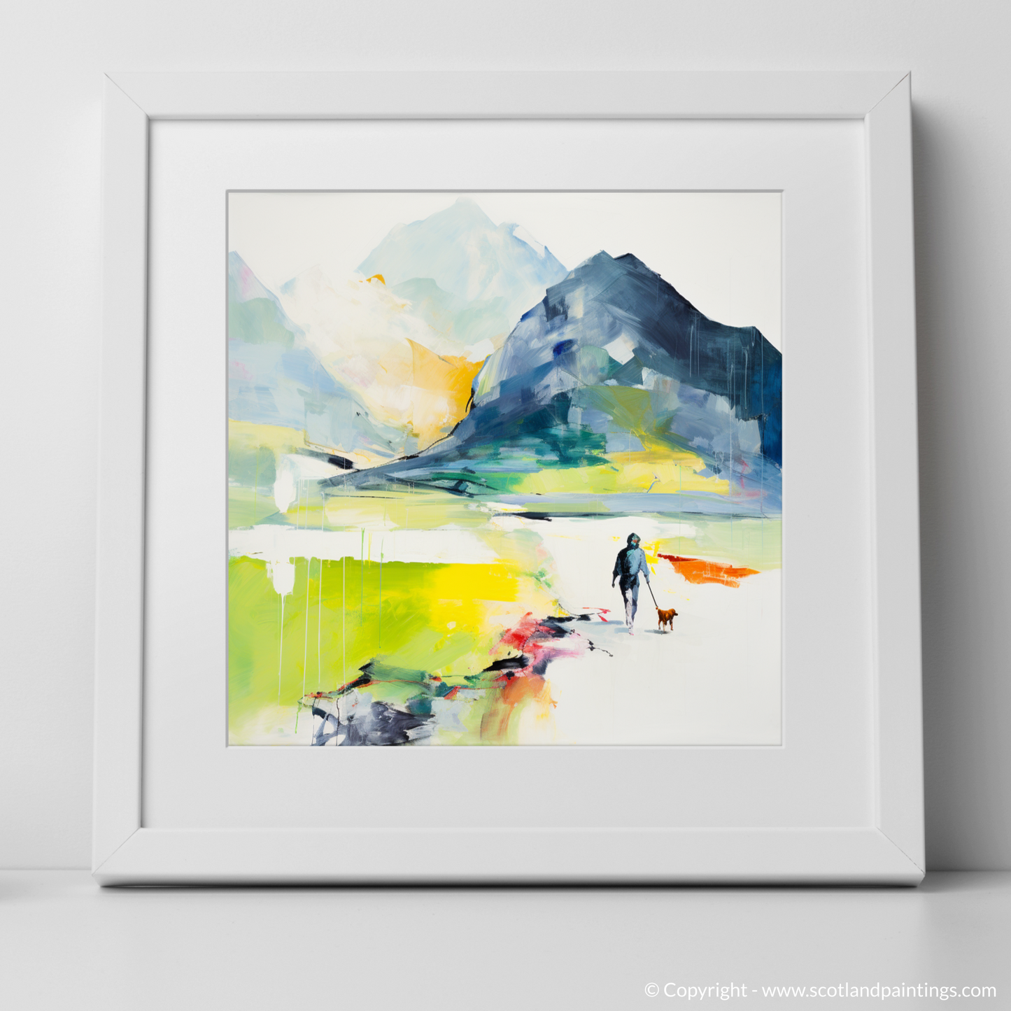 Art Print of Dog walker in Glencoe during summer with a white frame