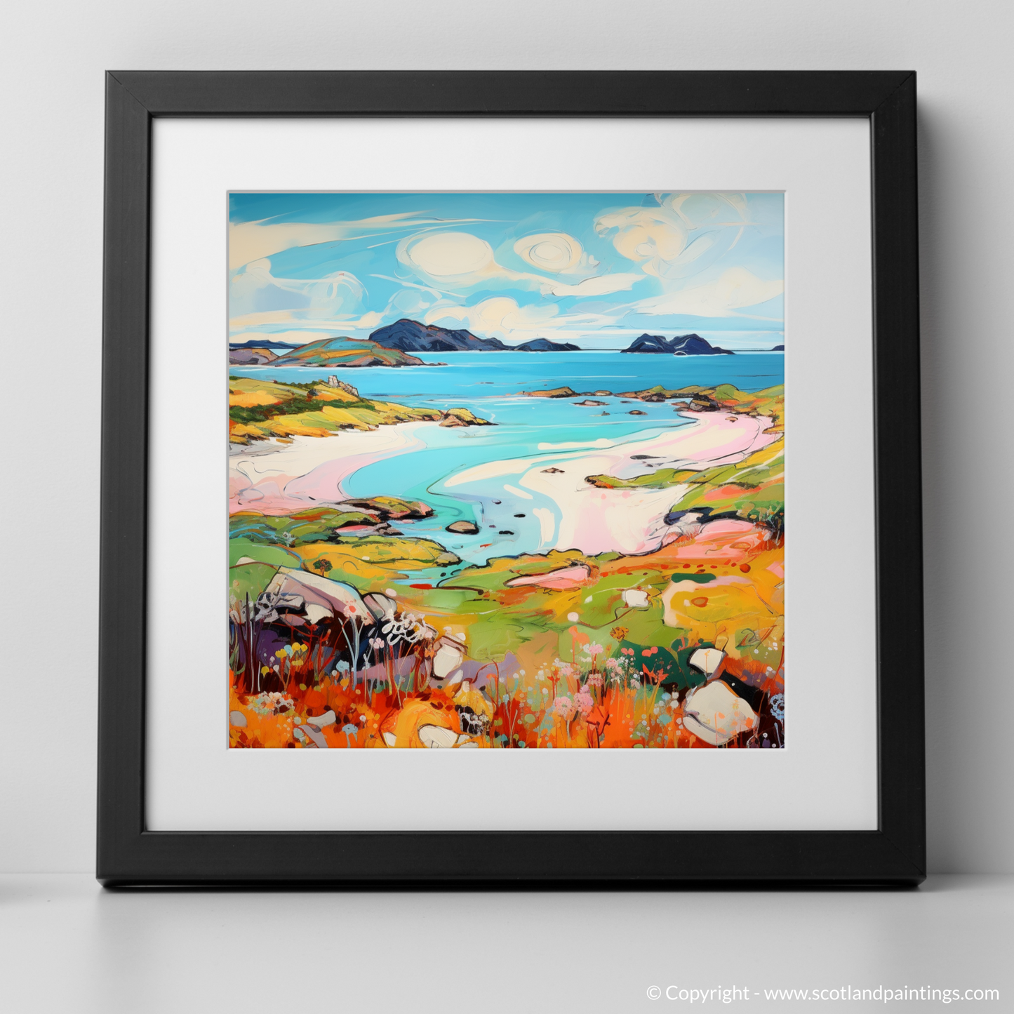 Art Print of Kiloran Bay, Isle of Colonsay in summer with a black frame