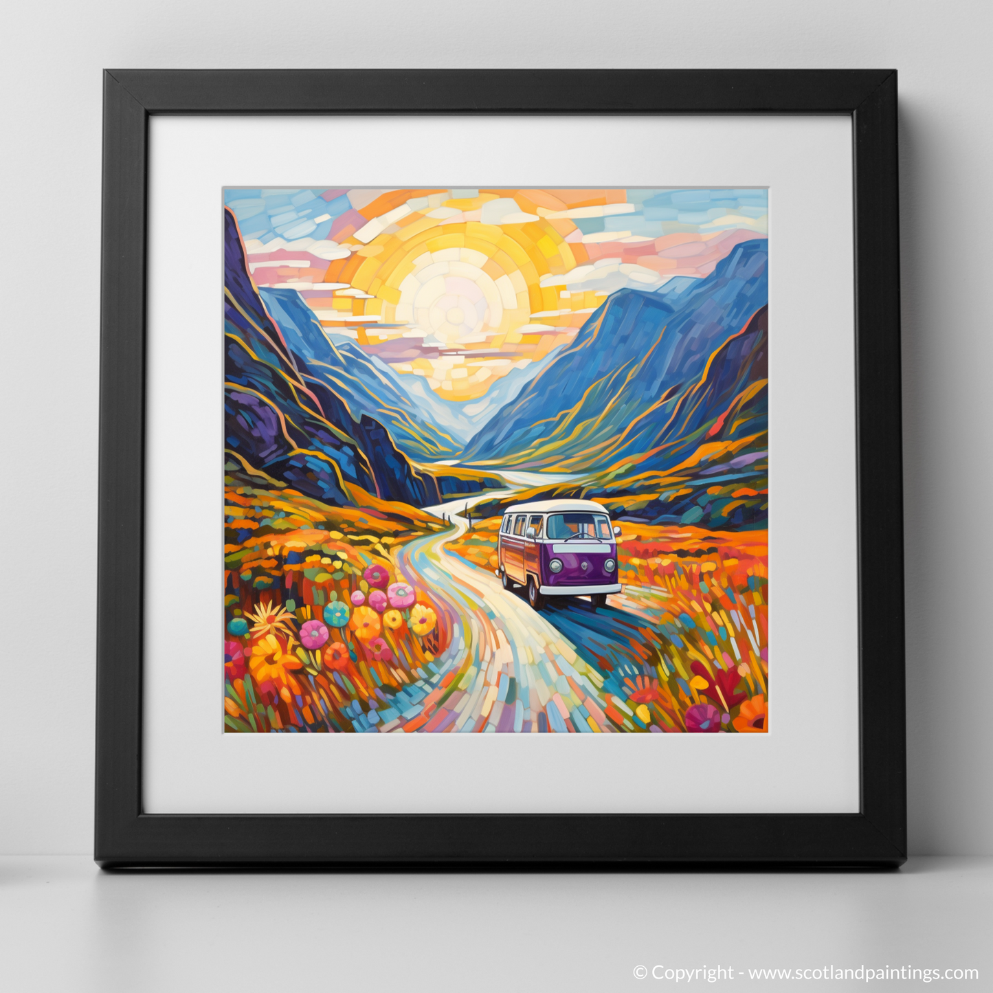 Art Print of Campervan in Glencoe during summer with a black frame