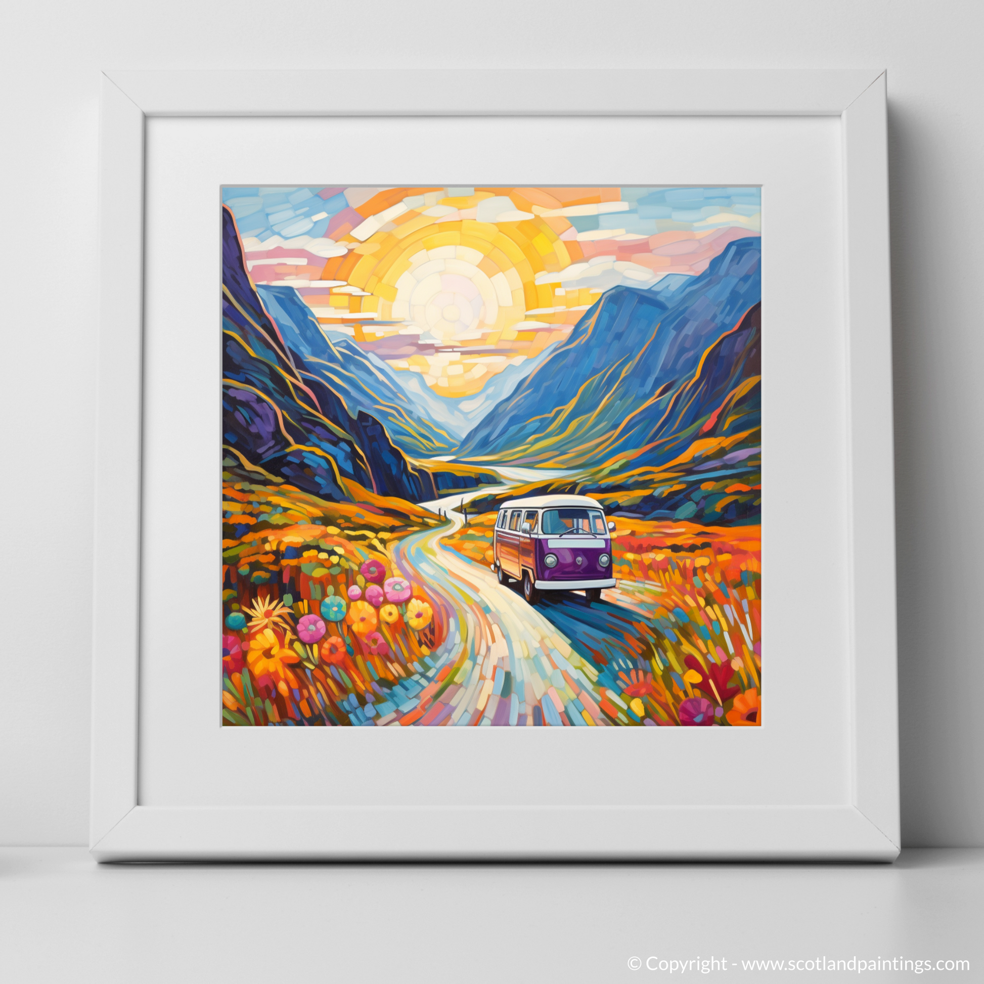 Art Print of Campervan in Glencoe during summer with a white frame