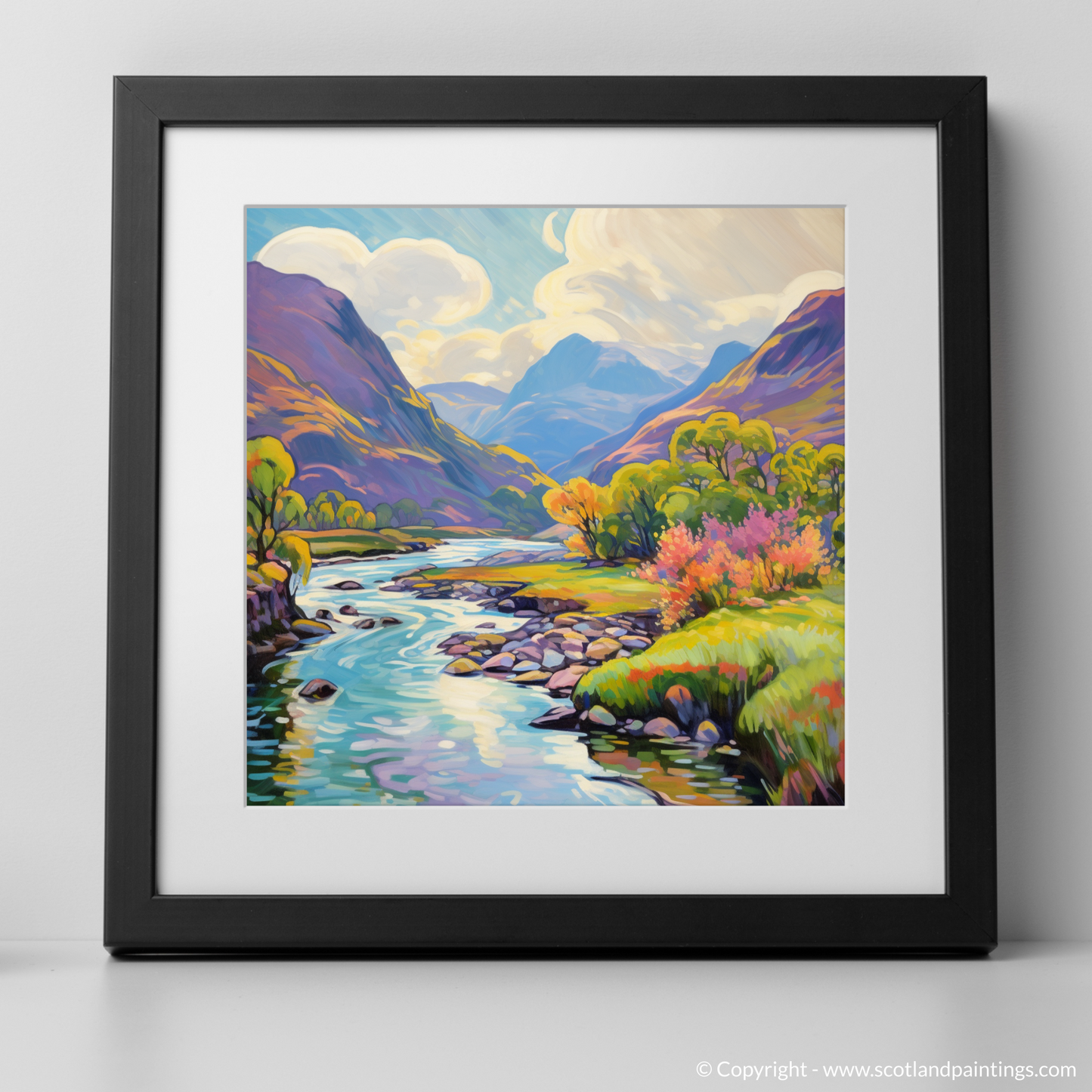 Art Print of River in Glencoe during summer with a black frame