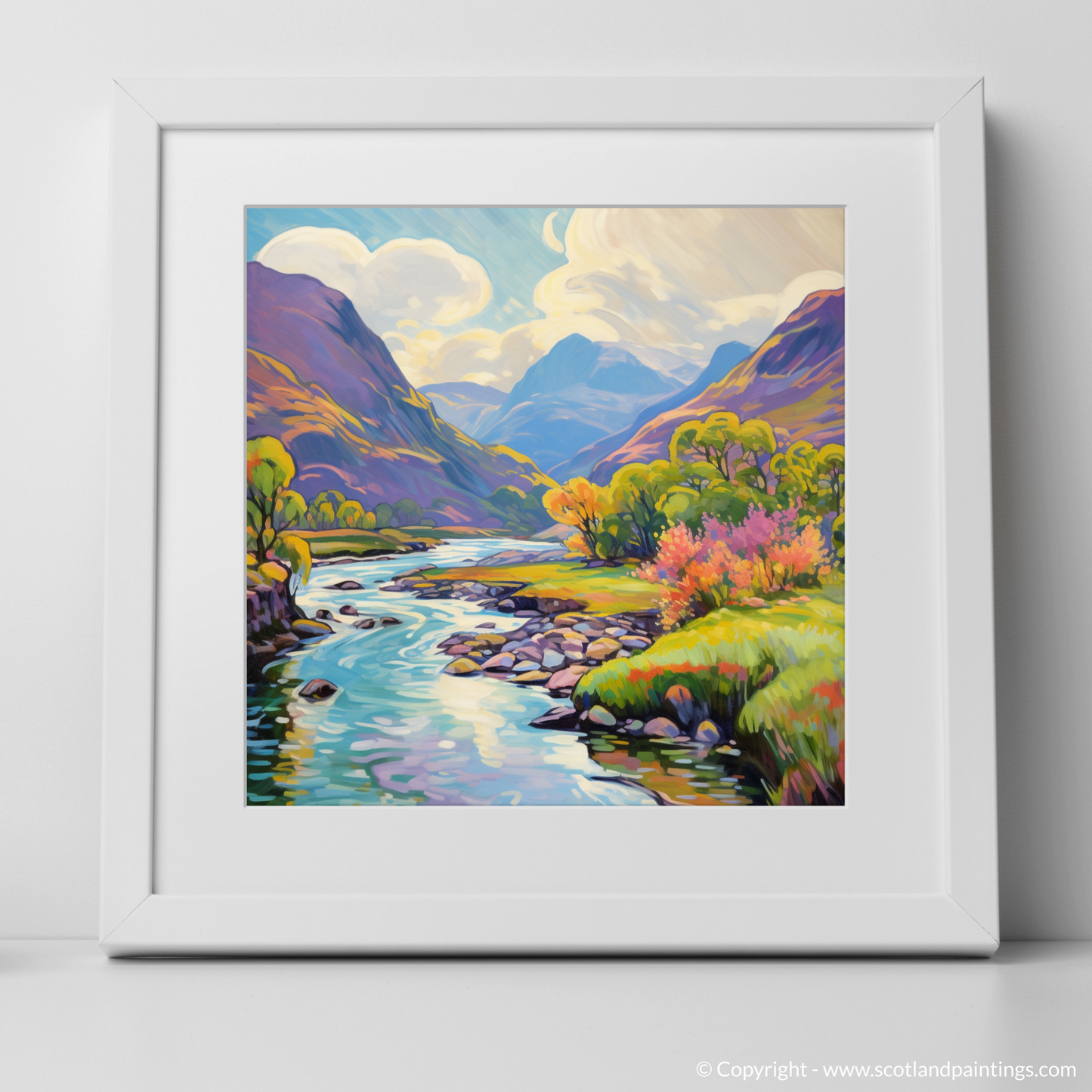 Art Print of River in Glencoe during summer with a white frame