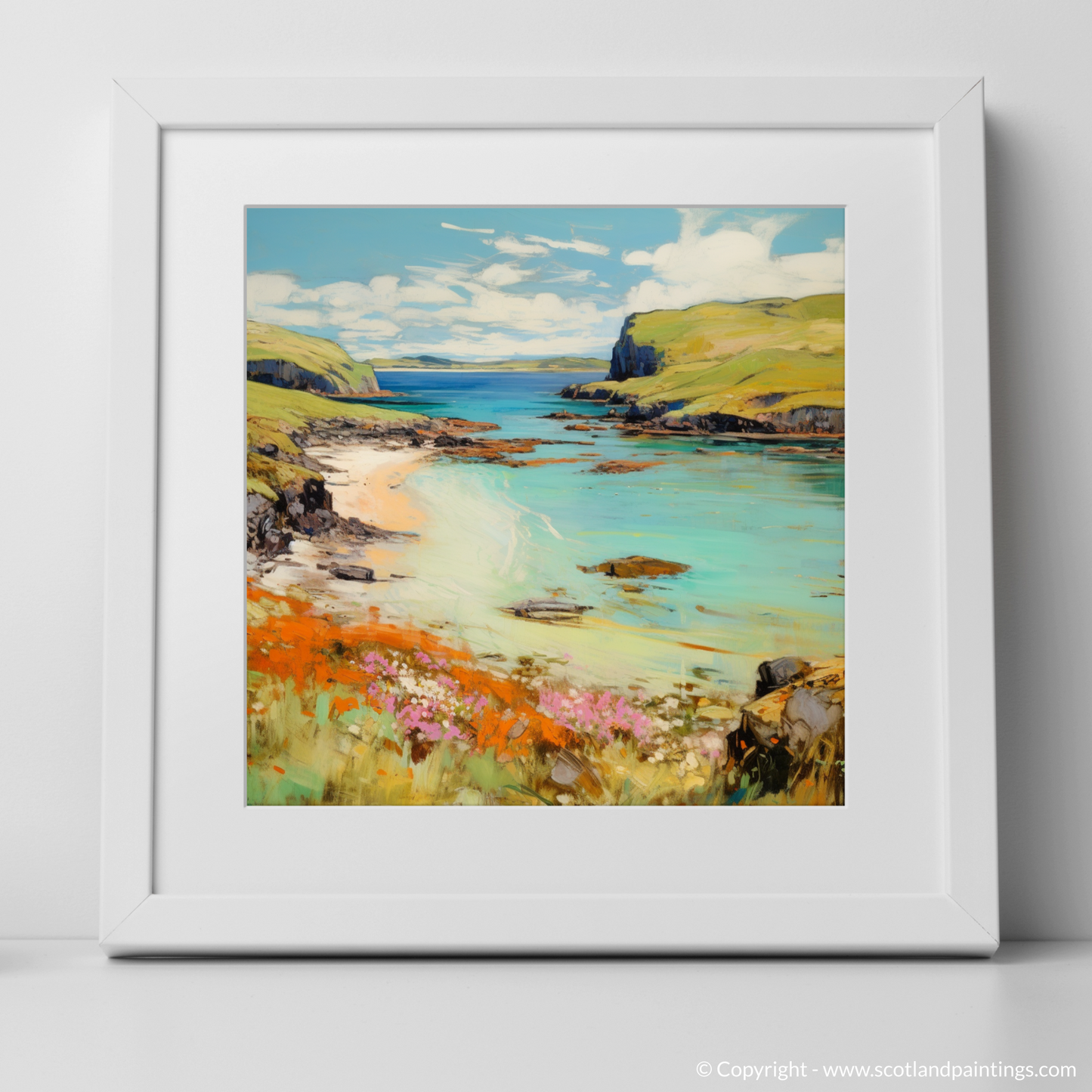 Art Print of Calgary Bay, Isle of Mull in summer with a white frame