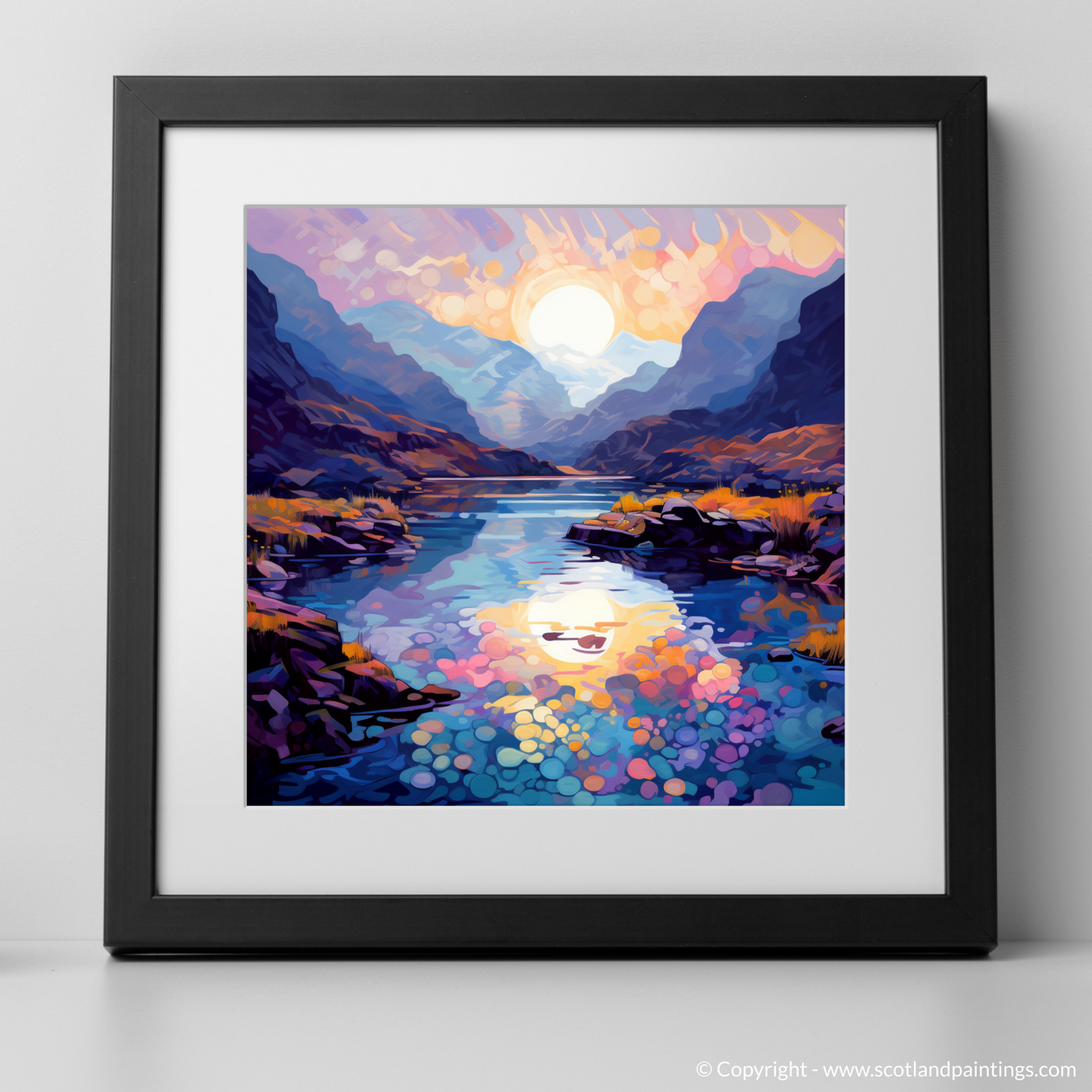 Art Print of Isle of Skye Fairy Pools at dusk in summer with a black frame