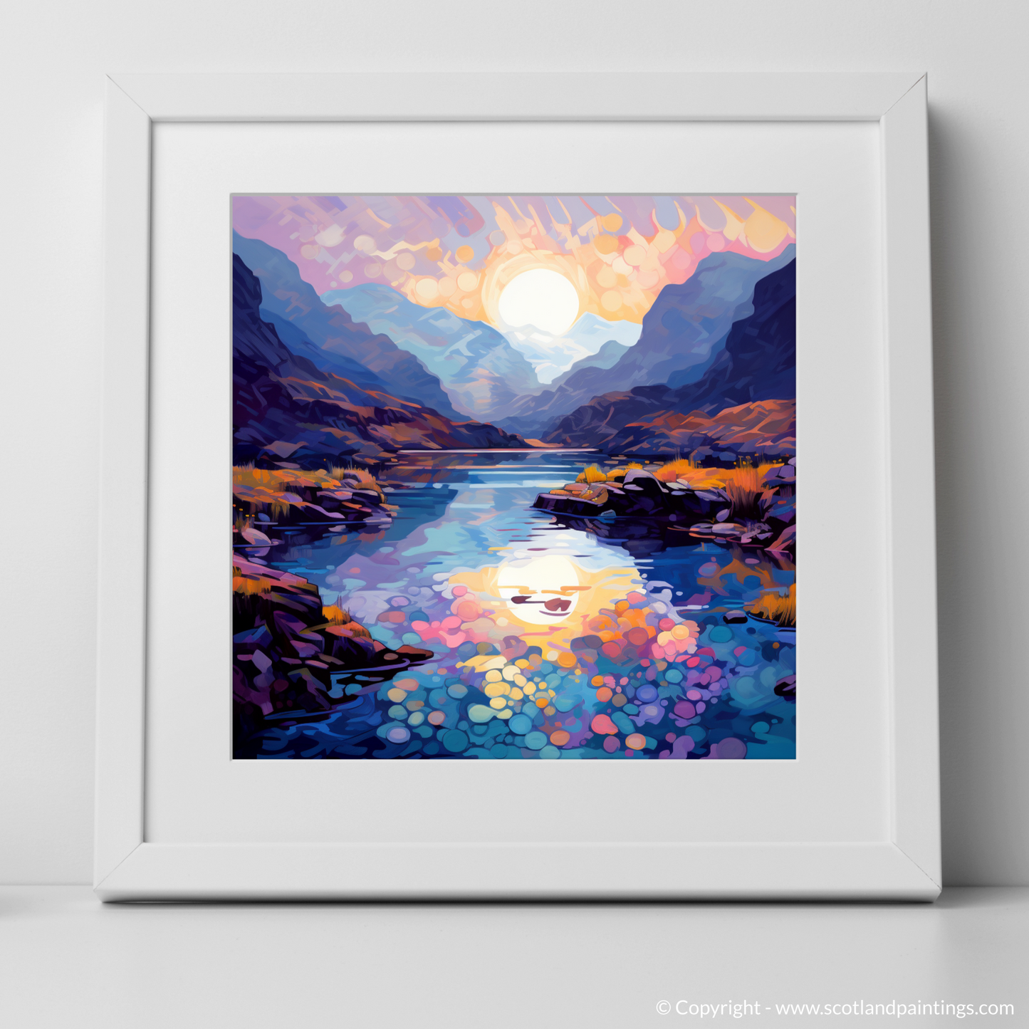 Art Print of Isle of Skye Fairy Pools at dusk in summer with a white frame