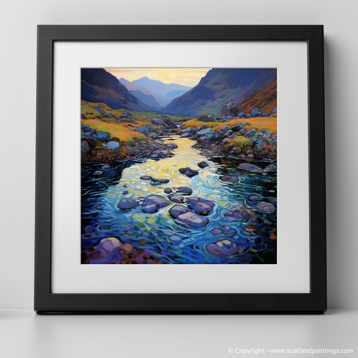 Art Print of Isle of Skye Fairy Pools at dusk in summer with a black frame