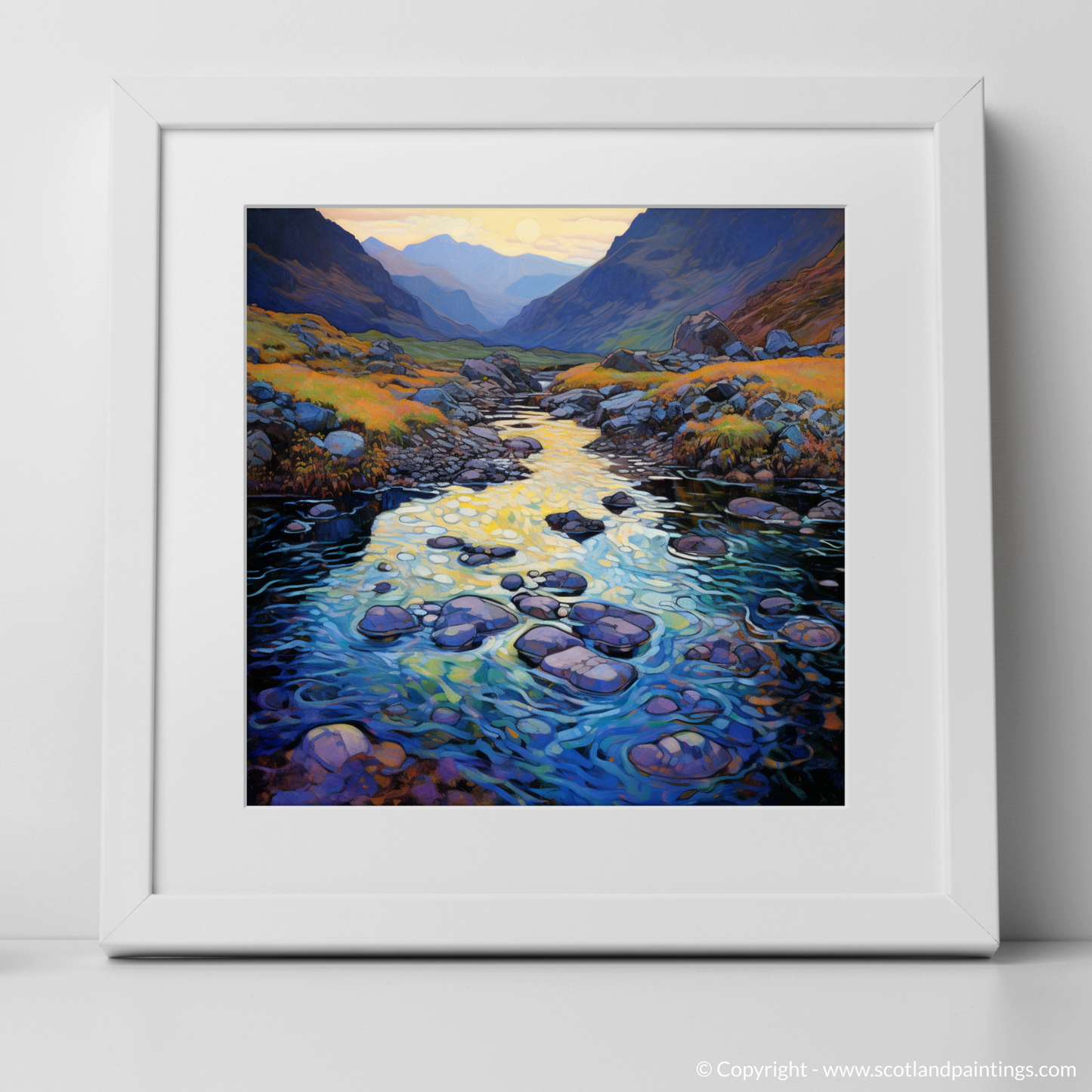 Art Print of Isle of Skye Fairy Pools at dusk in summer with a white frame