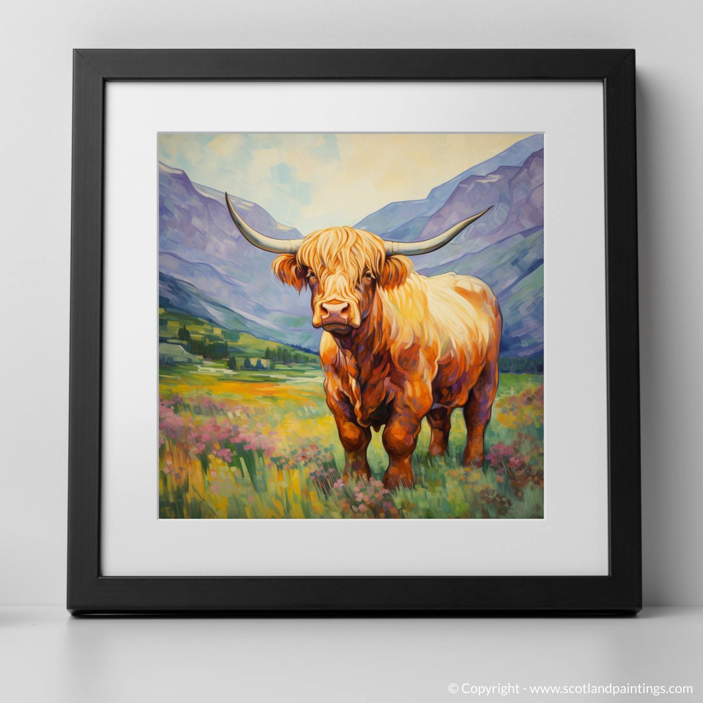 Art Print of Highland cow in Glencoe during summer with a black frame