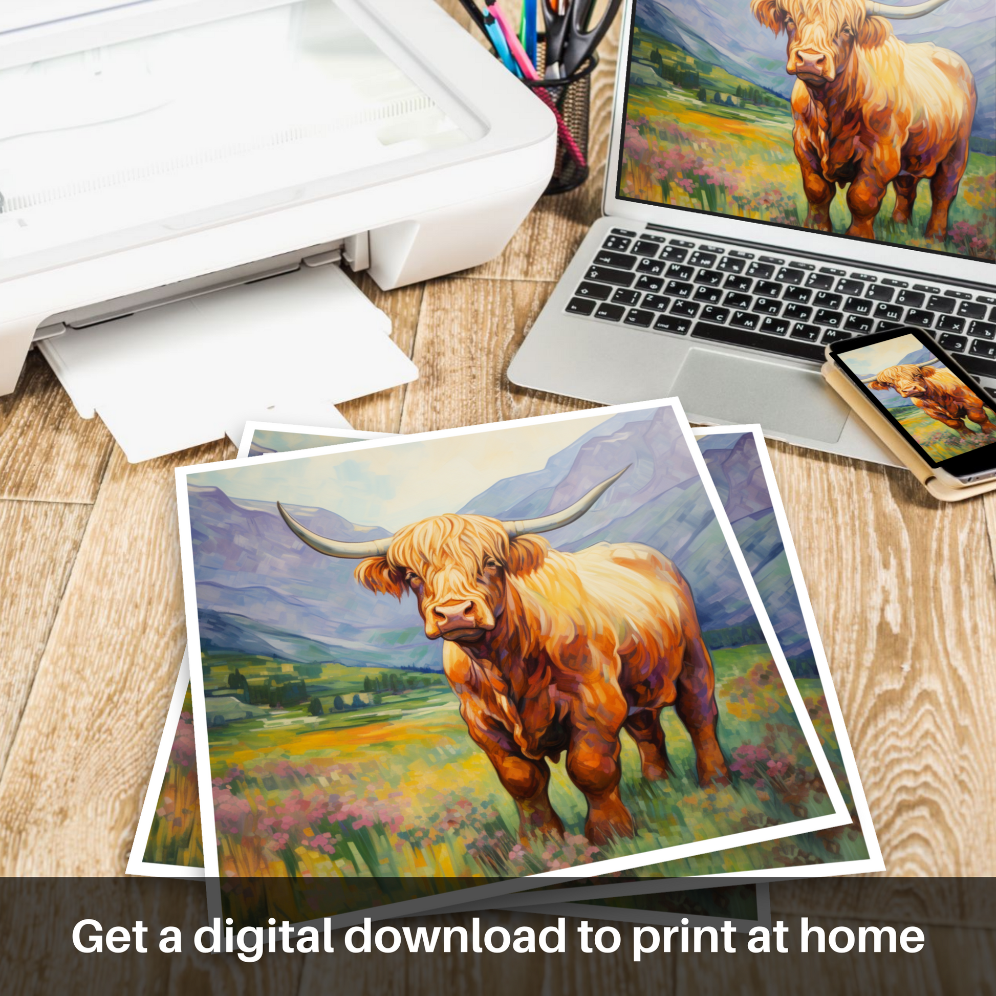 Downloadable and printable picture of Highland cow in Glencoe during summer