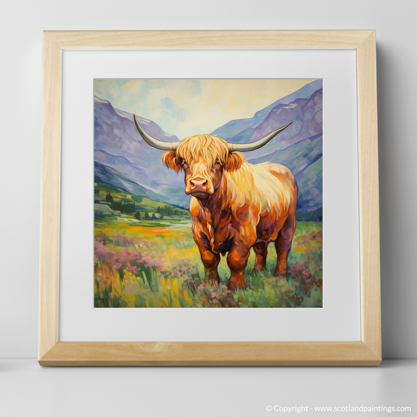 Art Print of Highland cow in Glencoe during summer with a natural frame