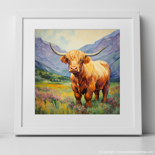 Art Print of Highland cow in Glencoe during summer with a white frame