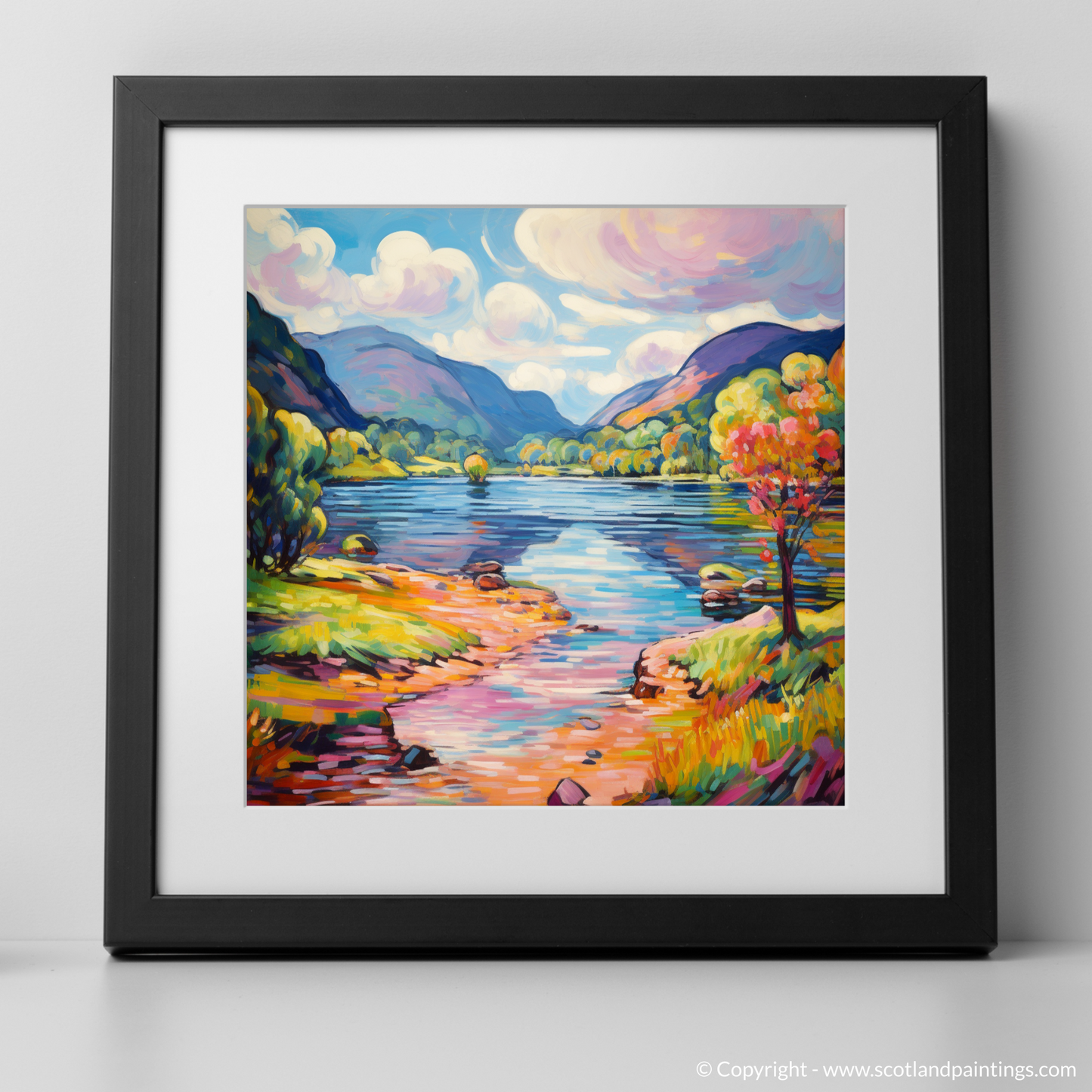 Art Print of Loch Voil in summer with a black frame