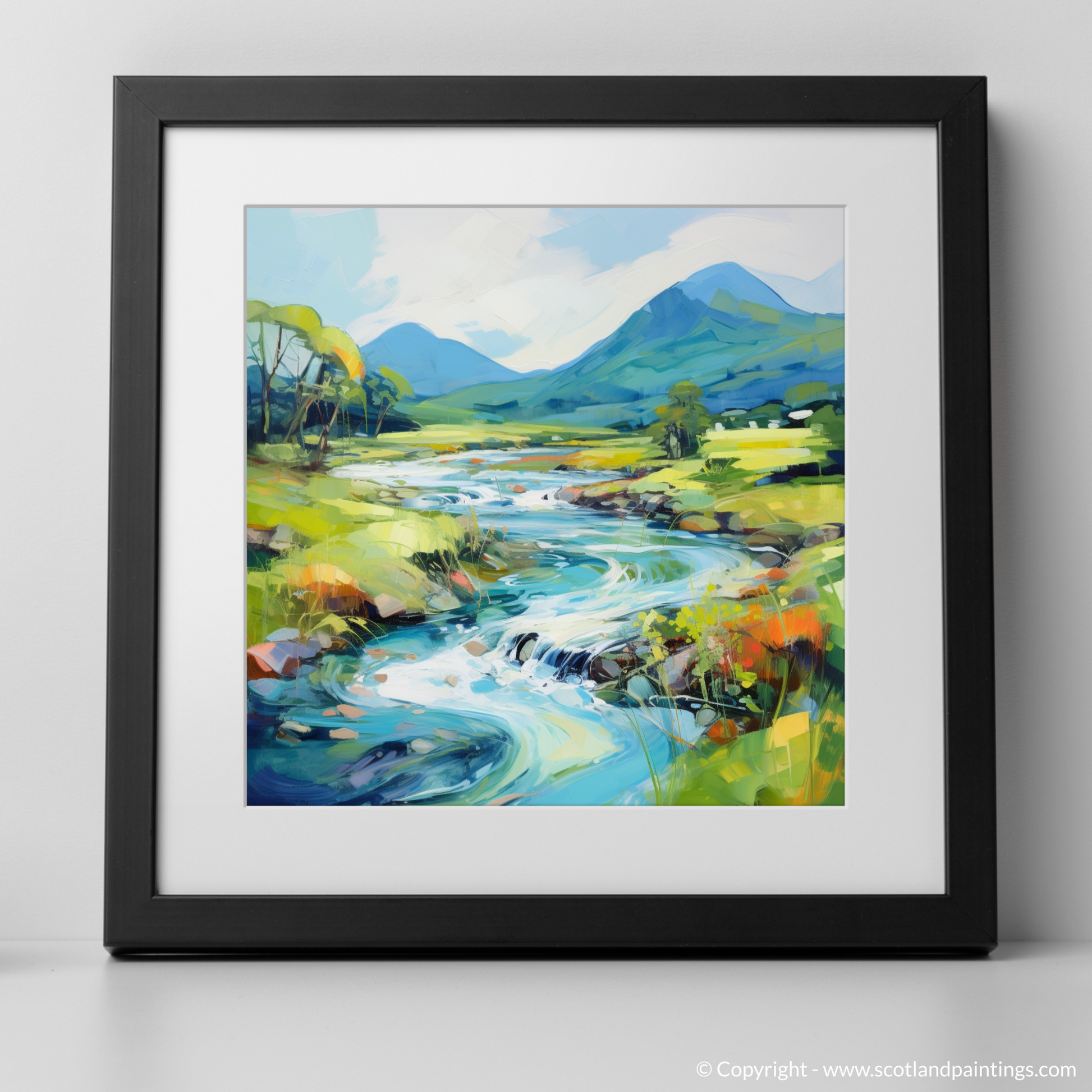 Art Print of River Etive, Argyll and Bute in summer with a black frame