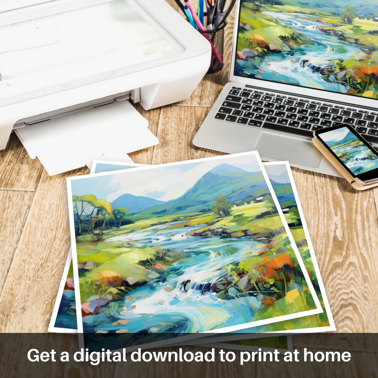 Downloadable and printable picture of River Etive, Argyll and Bute in summer