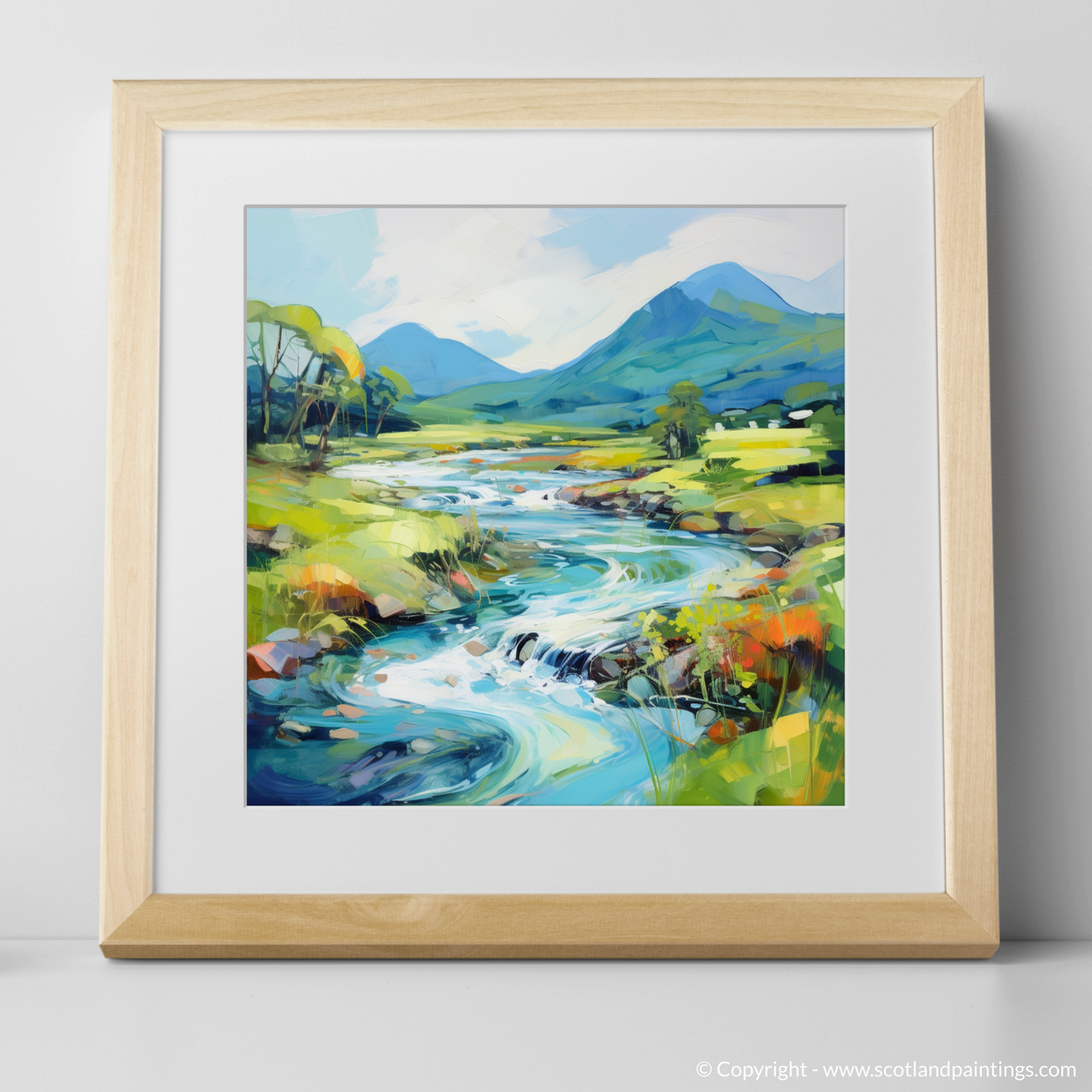 Art Print of River Etive, Argyll and Bute in summer with a natural frame