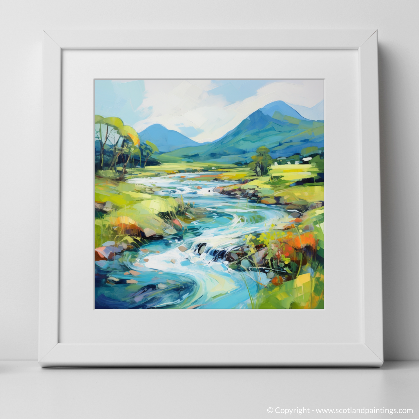 Art Print of River Etive, Argyll and Bute in summer with a white frame