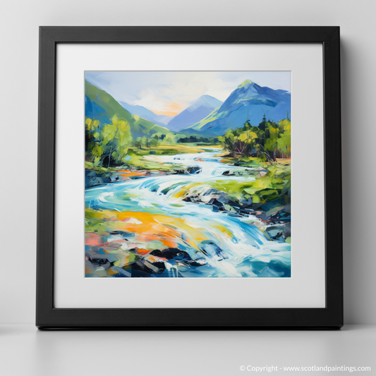 Art Print of River Etive, Argyll and Bute in summer with a black frame