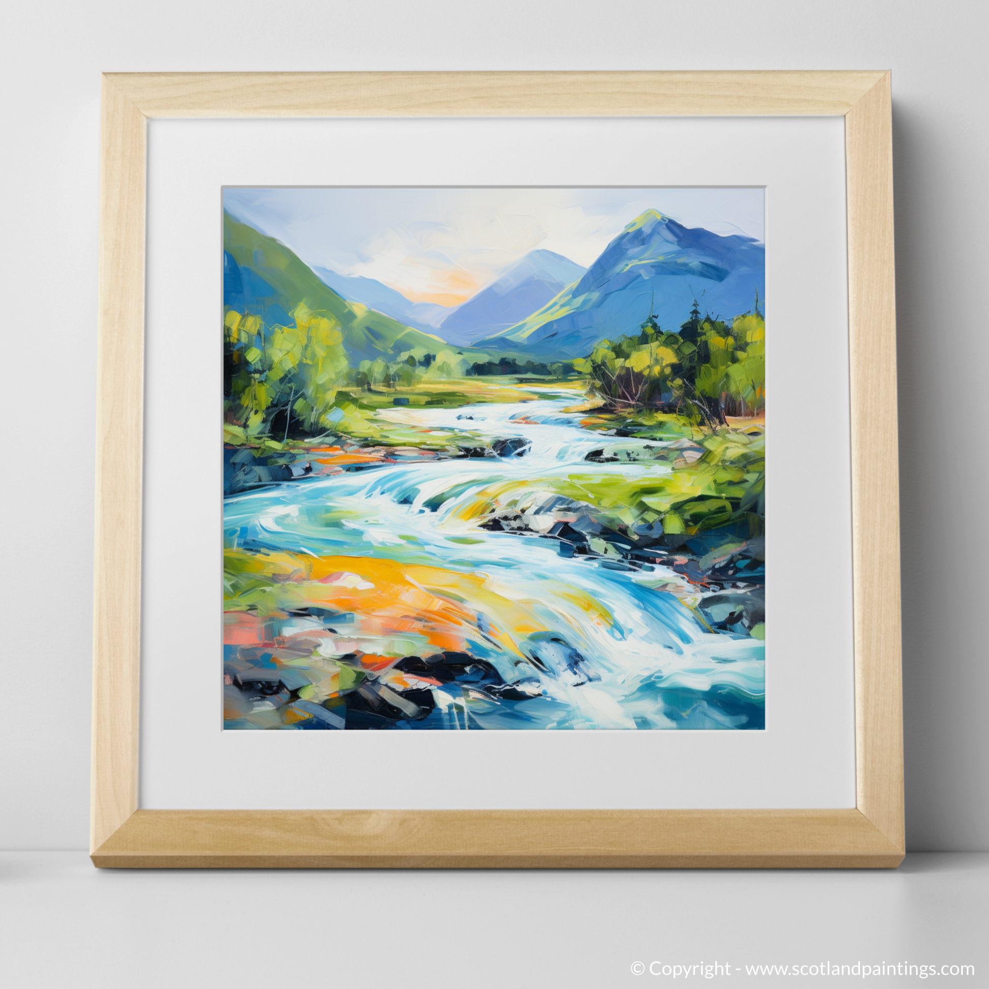 Art Print of River Etive, Argyll and Bute in summer with a natural frame