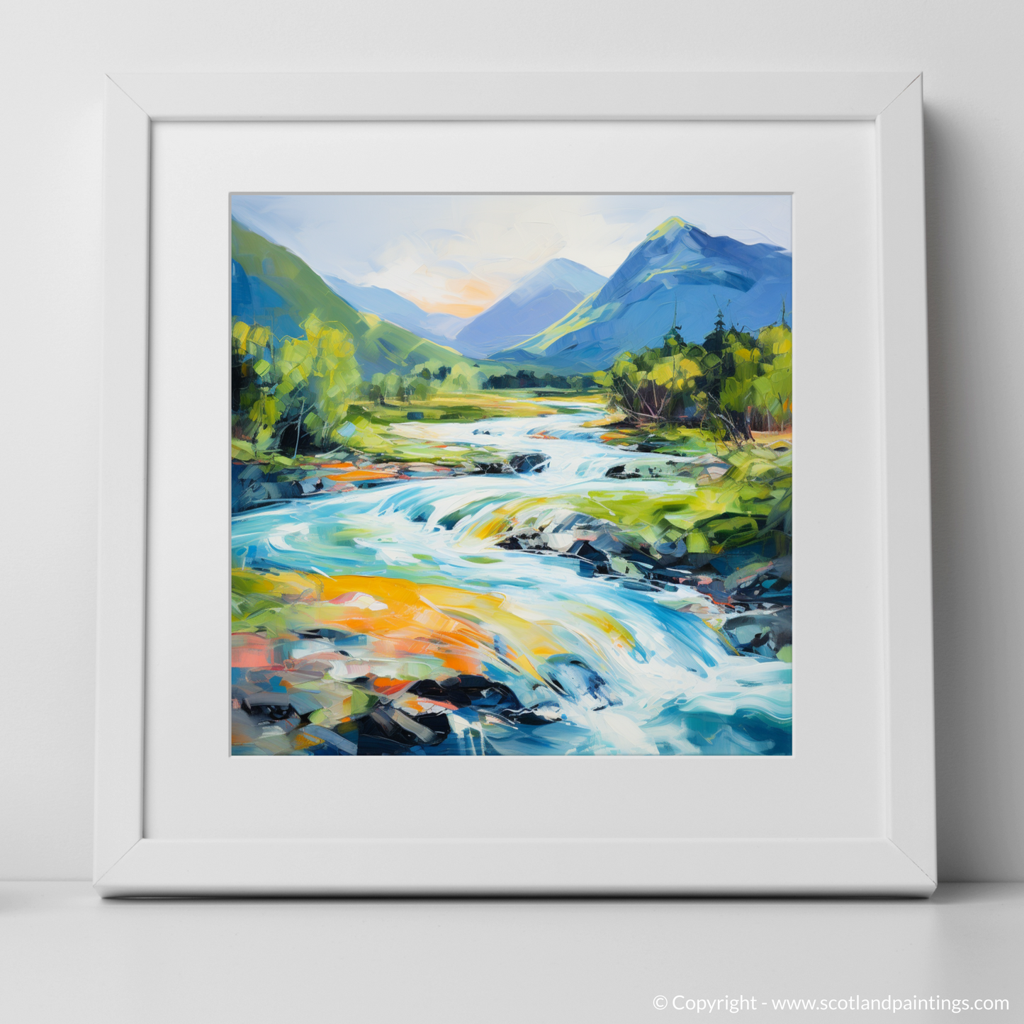 Art Print of River Etive, Argyll and Bute in summer with a white frame