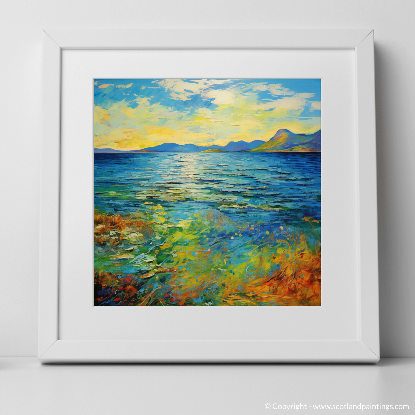 Art Print of Isle of Arran, Firth of Clyde in summer with a white frame