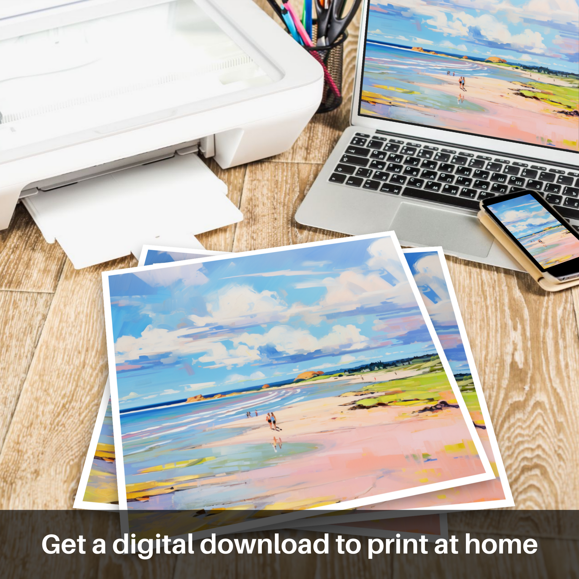 Downloadable and printable picture of Longniddry Beach, East Lothian in summer