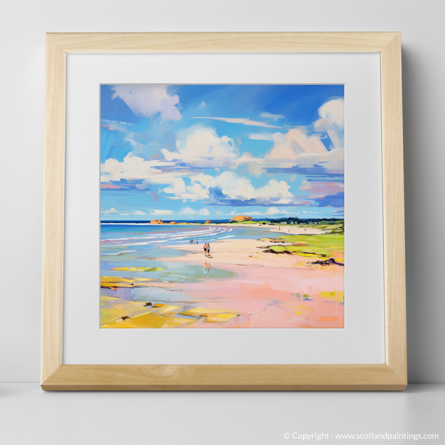 Art Print of Longniddry Beach, East Lothian in summer with a natural frame