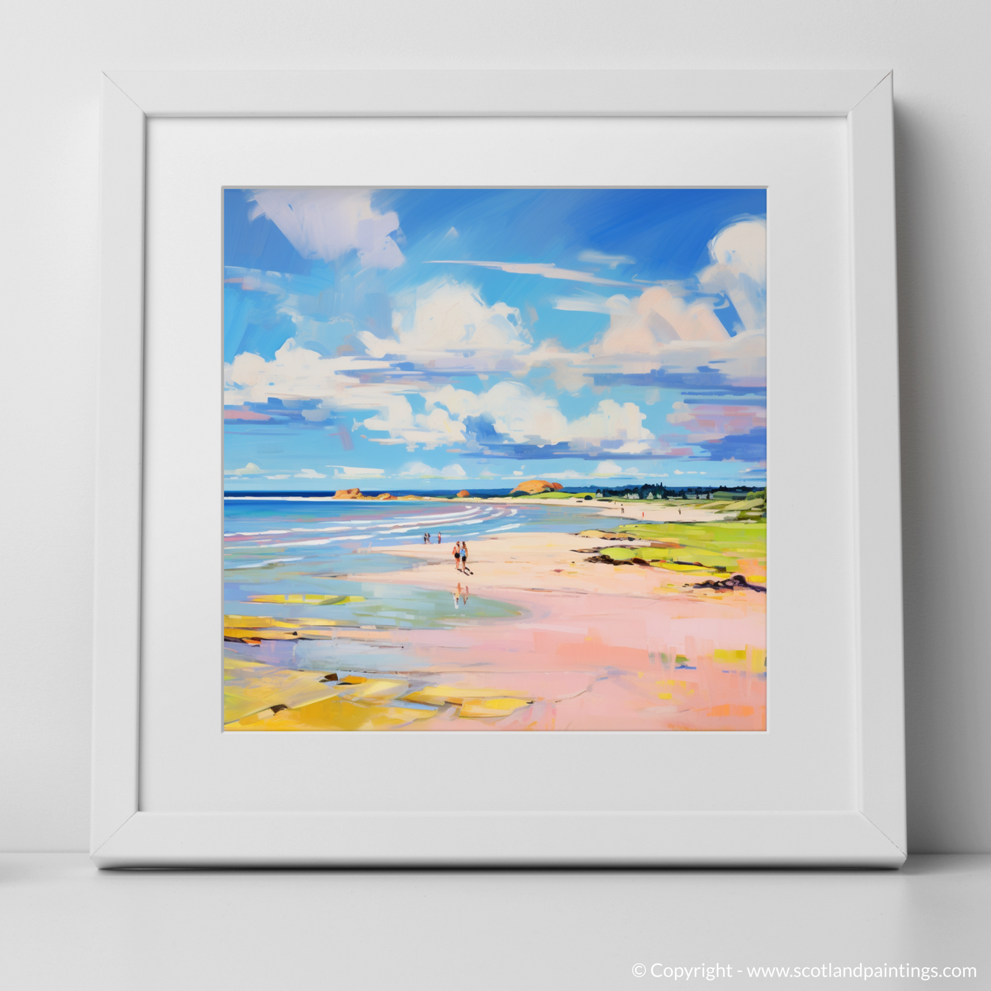 Art Print of Longniddry Beach, East Lothian in summer with a white frame