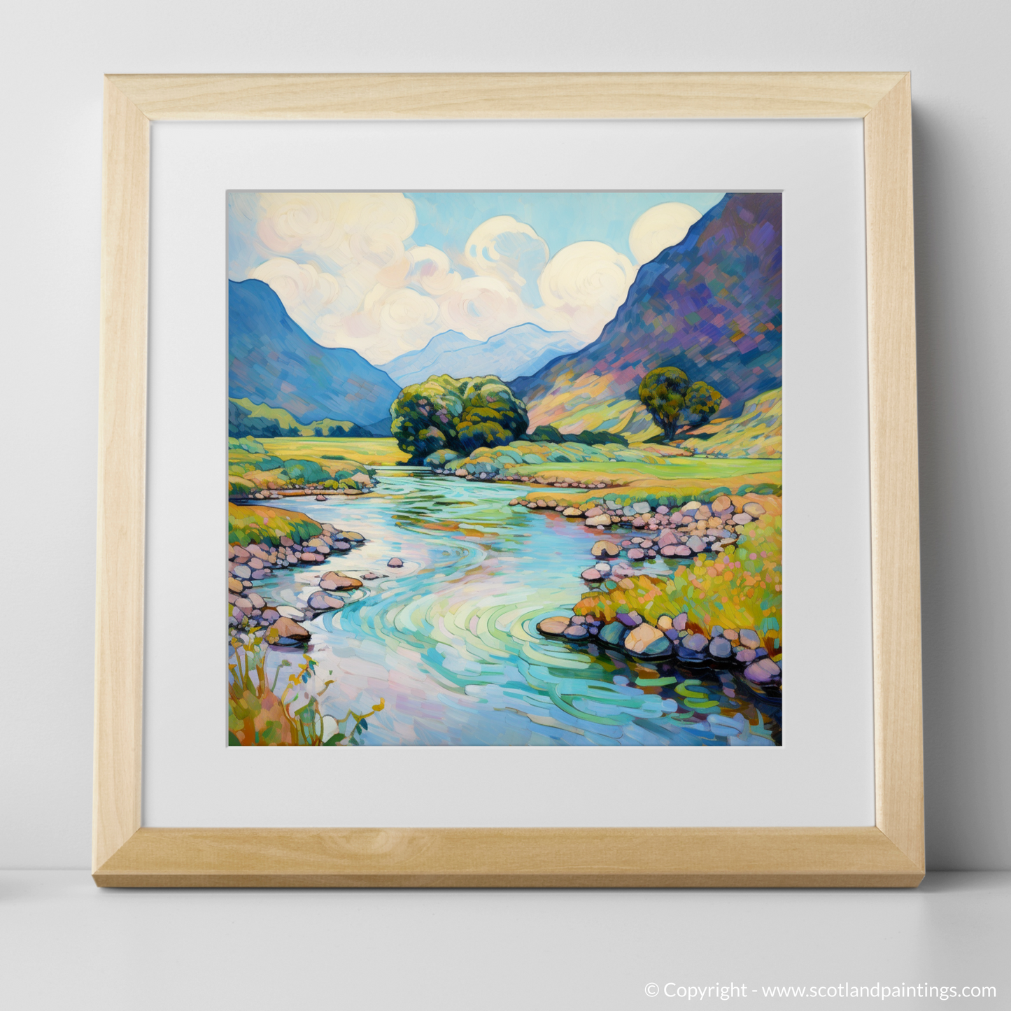 Art Print of River Coe, Glencoe, Highlands in summer with a natural frame