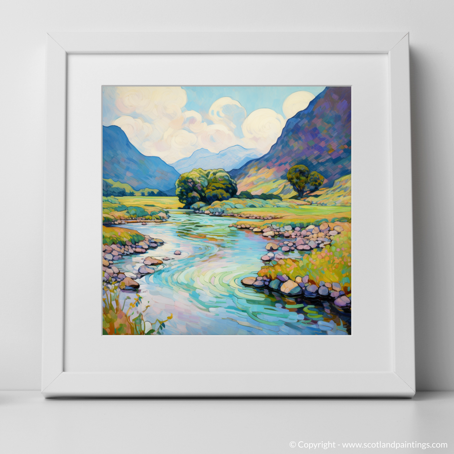 Art Print of River Coe, Glencoe, Highlands in summer with a white frame