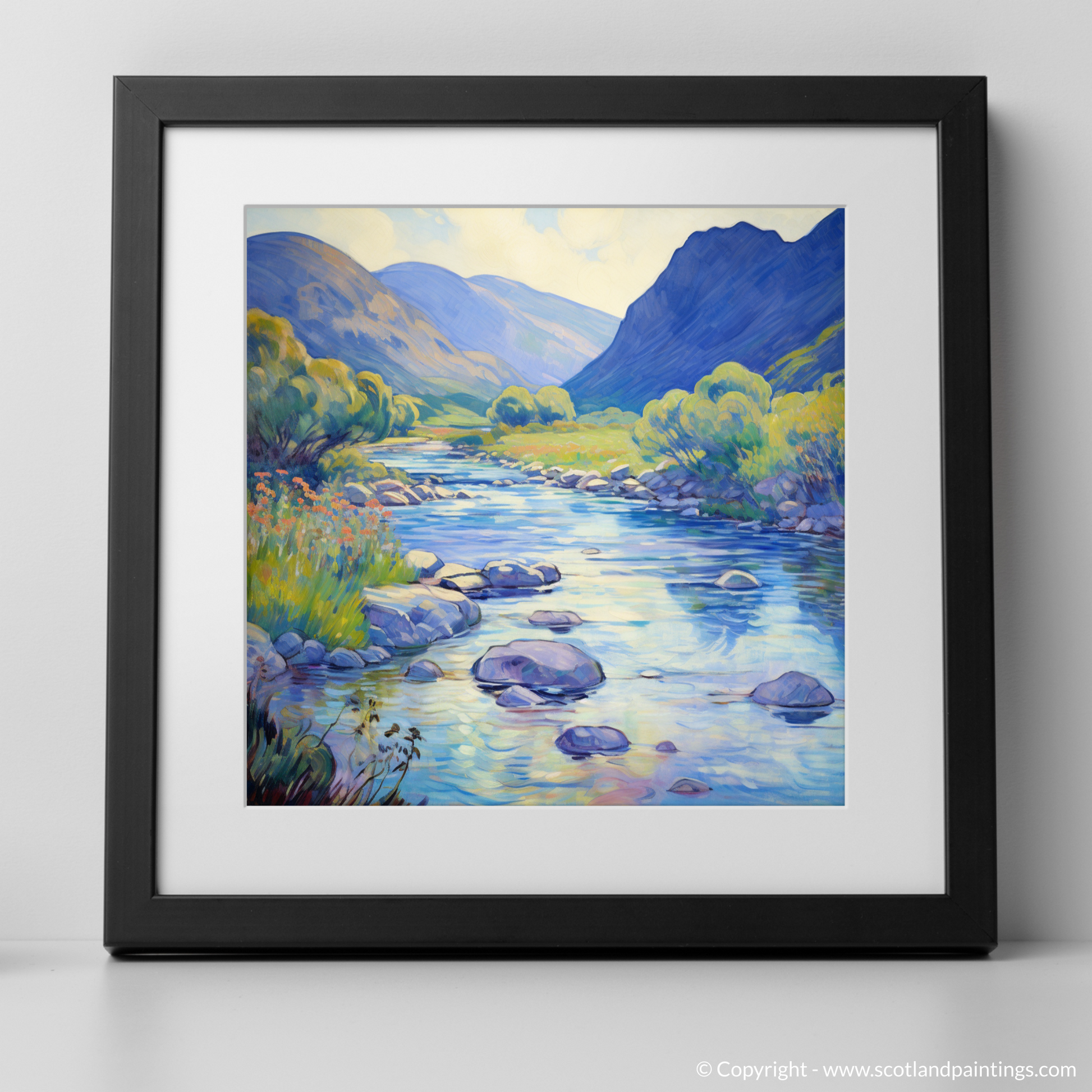 Art Print of River Coe, Glencoe, Highlands in summer with a black frame