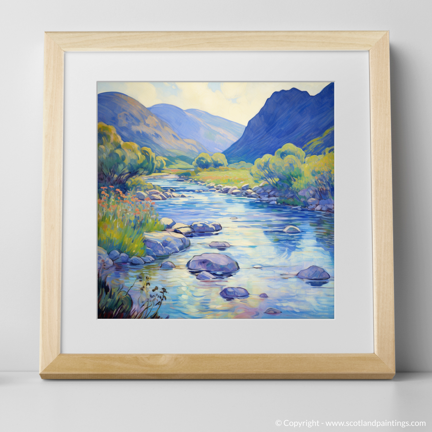 Art Print of River Coe, Glencoe, Highlands in summer with a natural frame