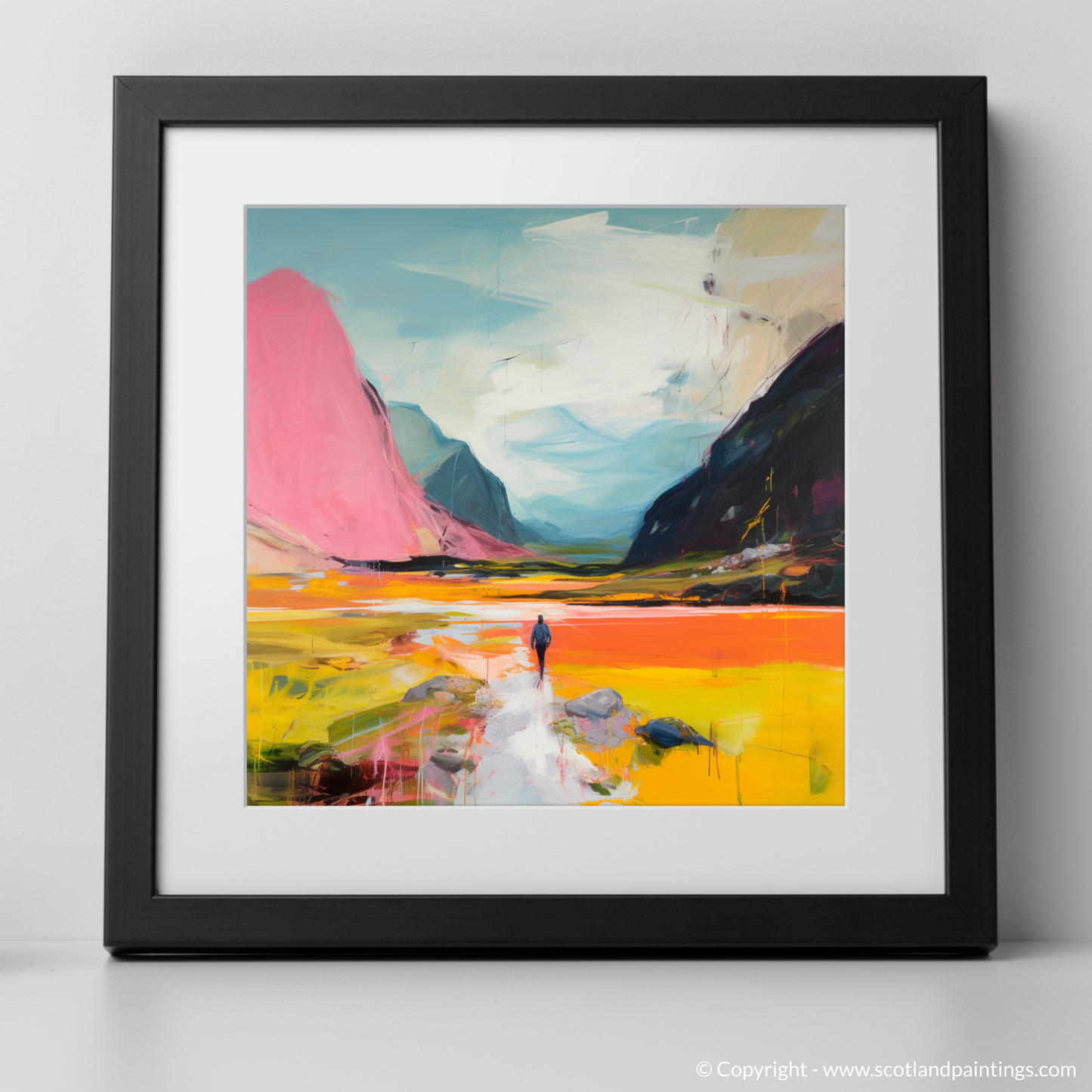 Art Print of Lone hiker in Glencoe during summer with a black frame